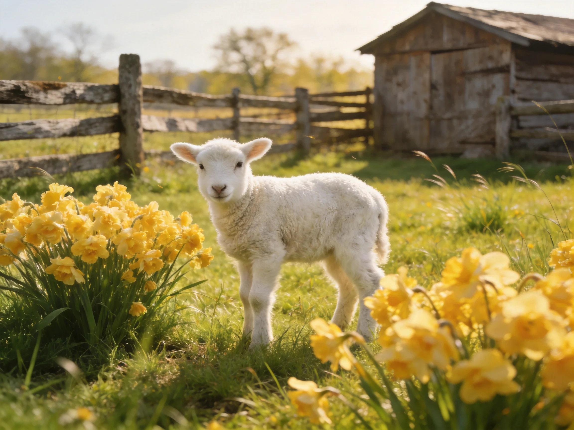 A white lamb stands among vibrant yellow flowers near an old wooden shed