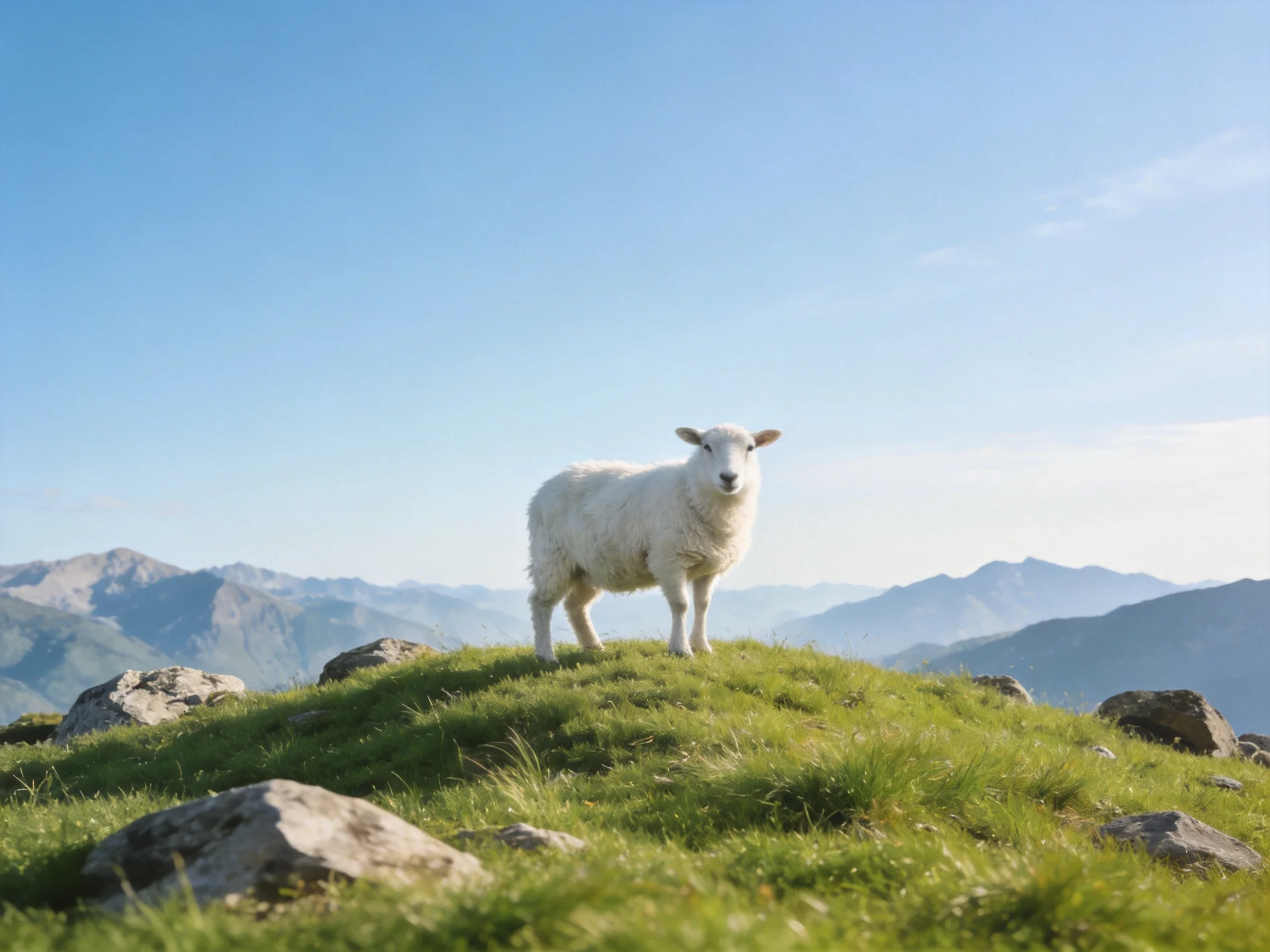 A white lamb stands atop a lush green hillside with distant mountains