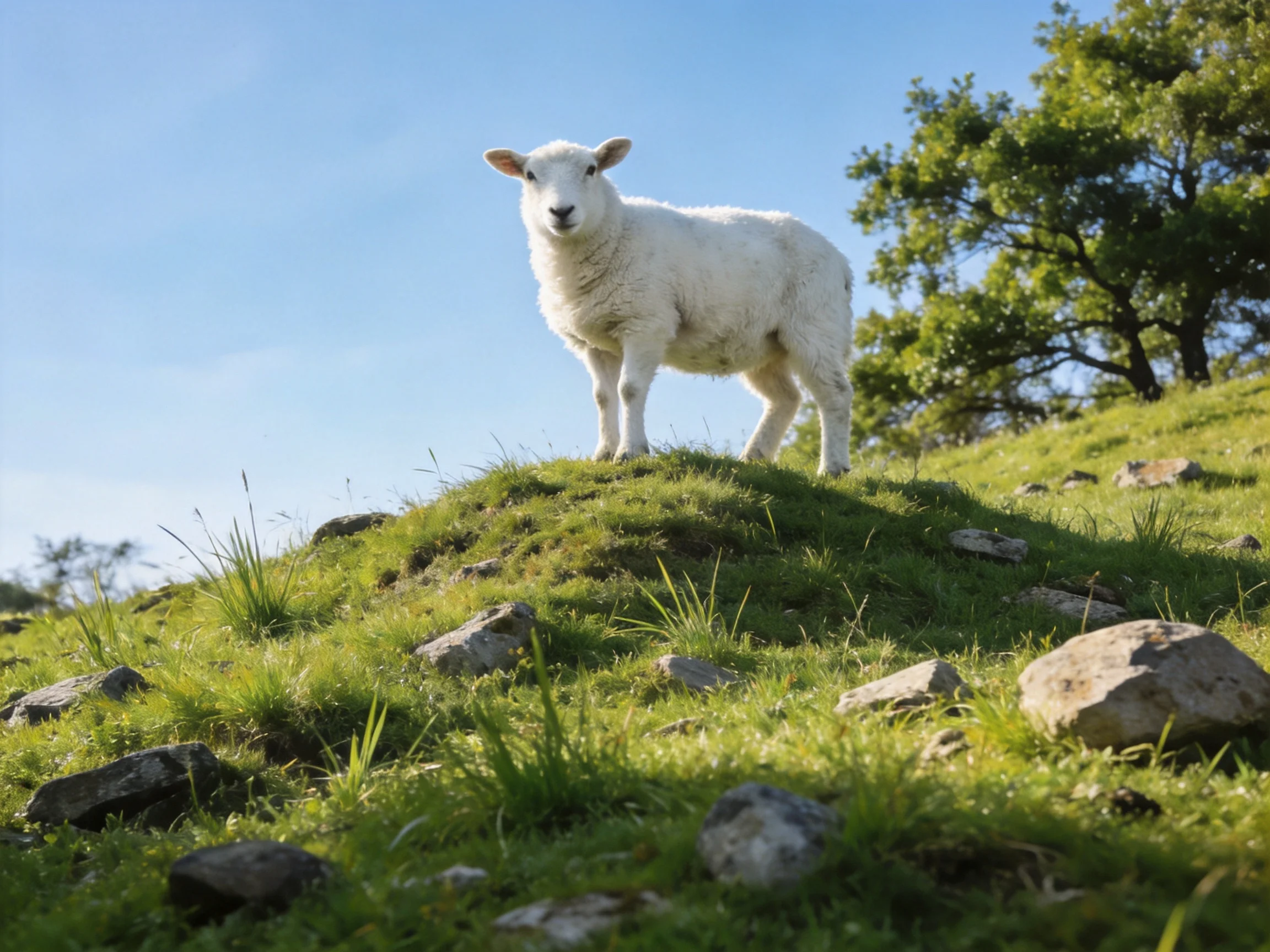 A white lamb stands atop a rocky green hillside under clear blue sky