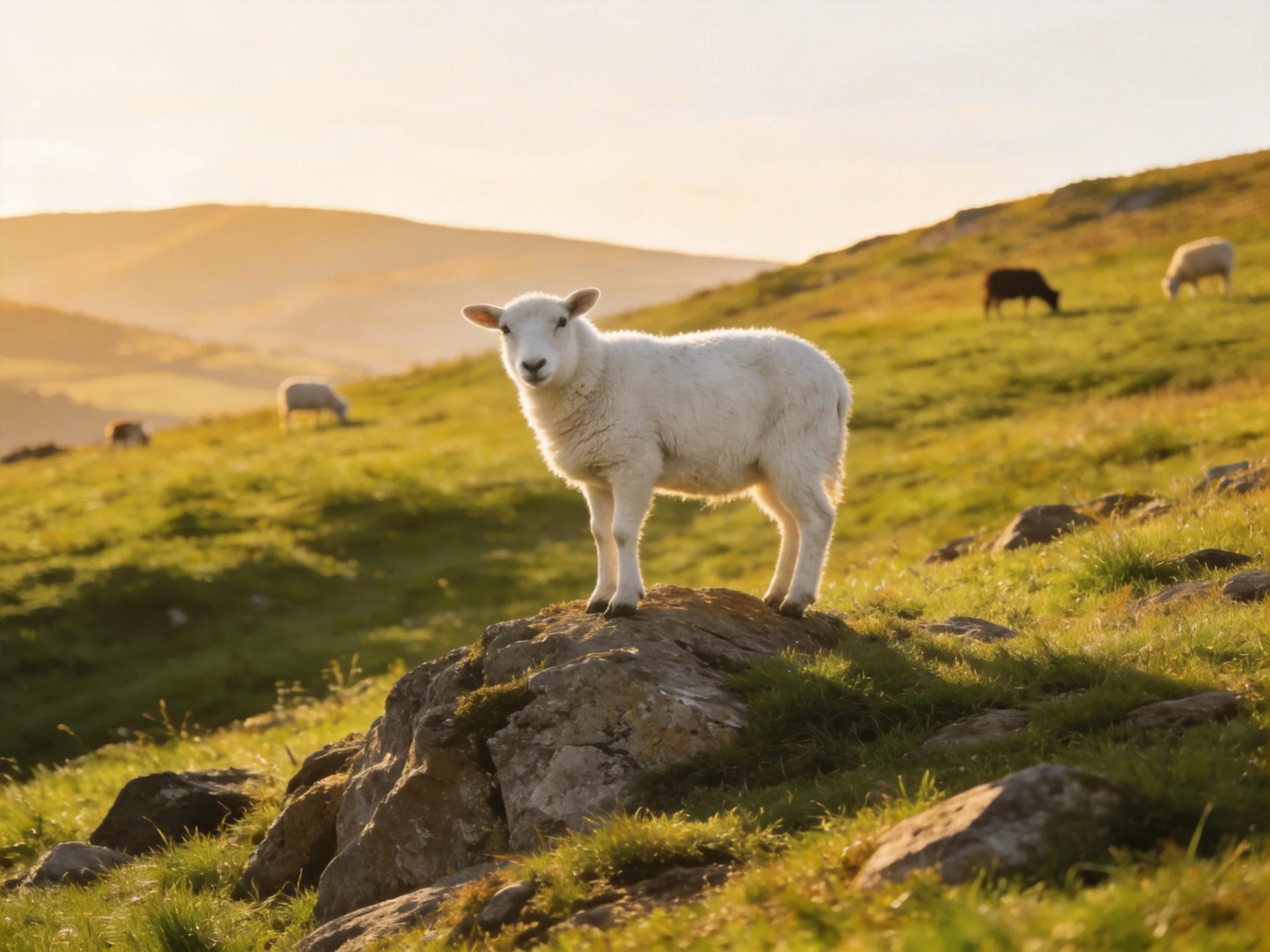 A white lamb stands on a rock in a sunlit hilly pasture with grazing sheep nearby.