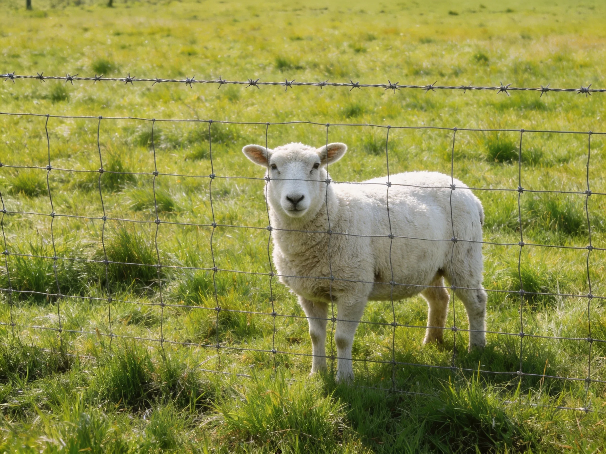 A white lamb stands behind barbed wire fencing in a lush green pasture