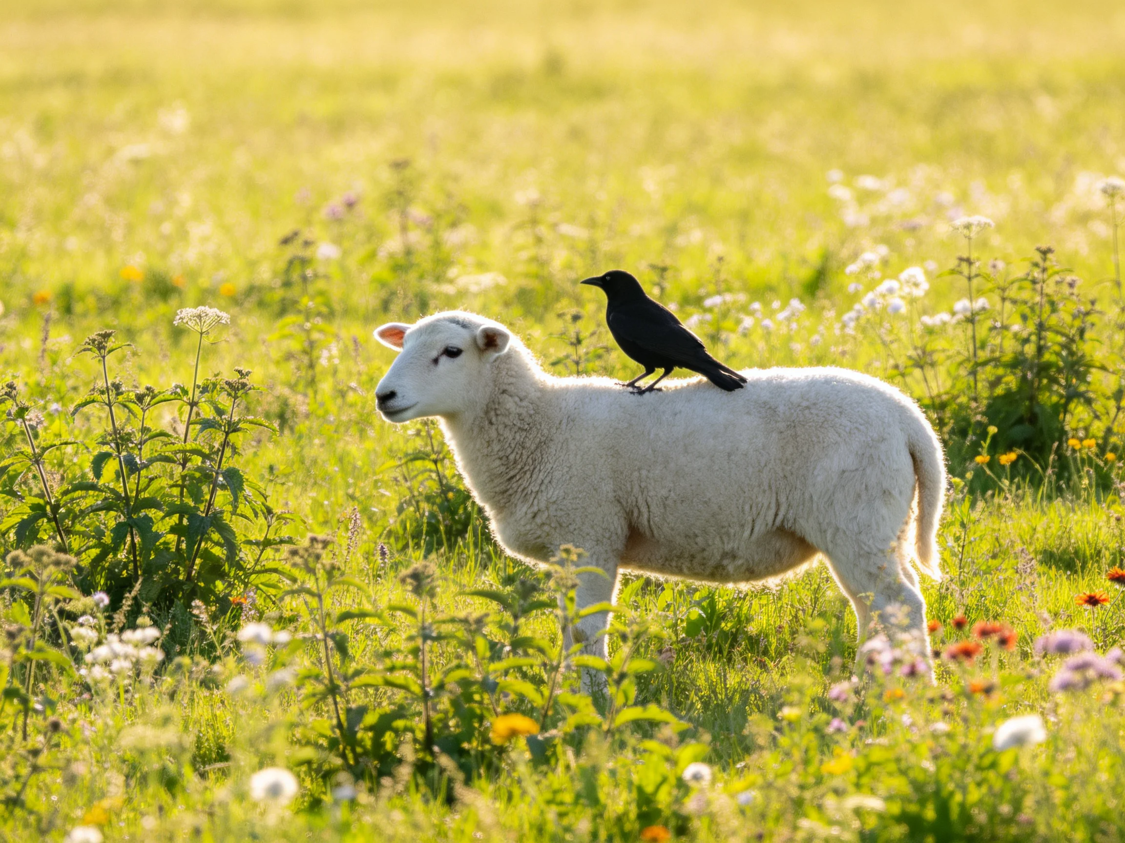 A white lamb stands in a flowered meadow with a black bird perched on its back