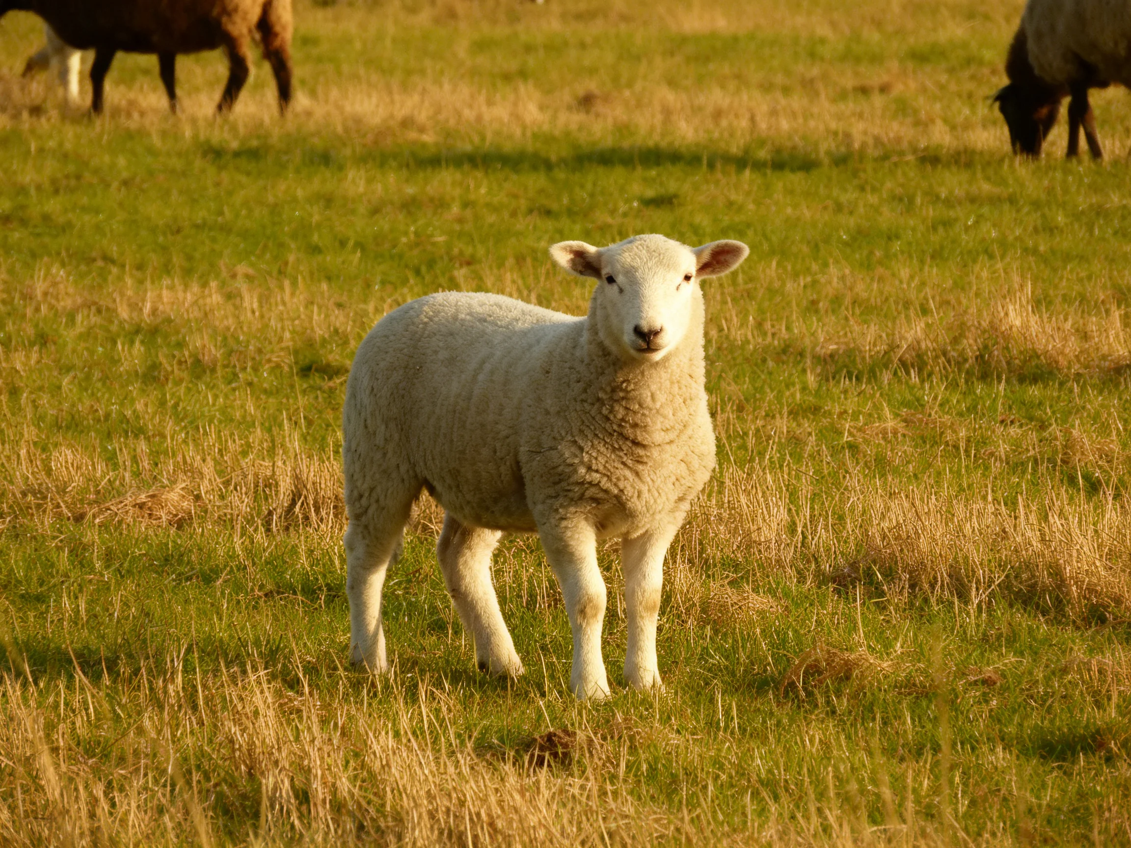 A white lamb stands in a golden-green pasture with brown sheep grazing.