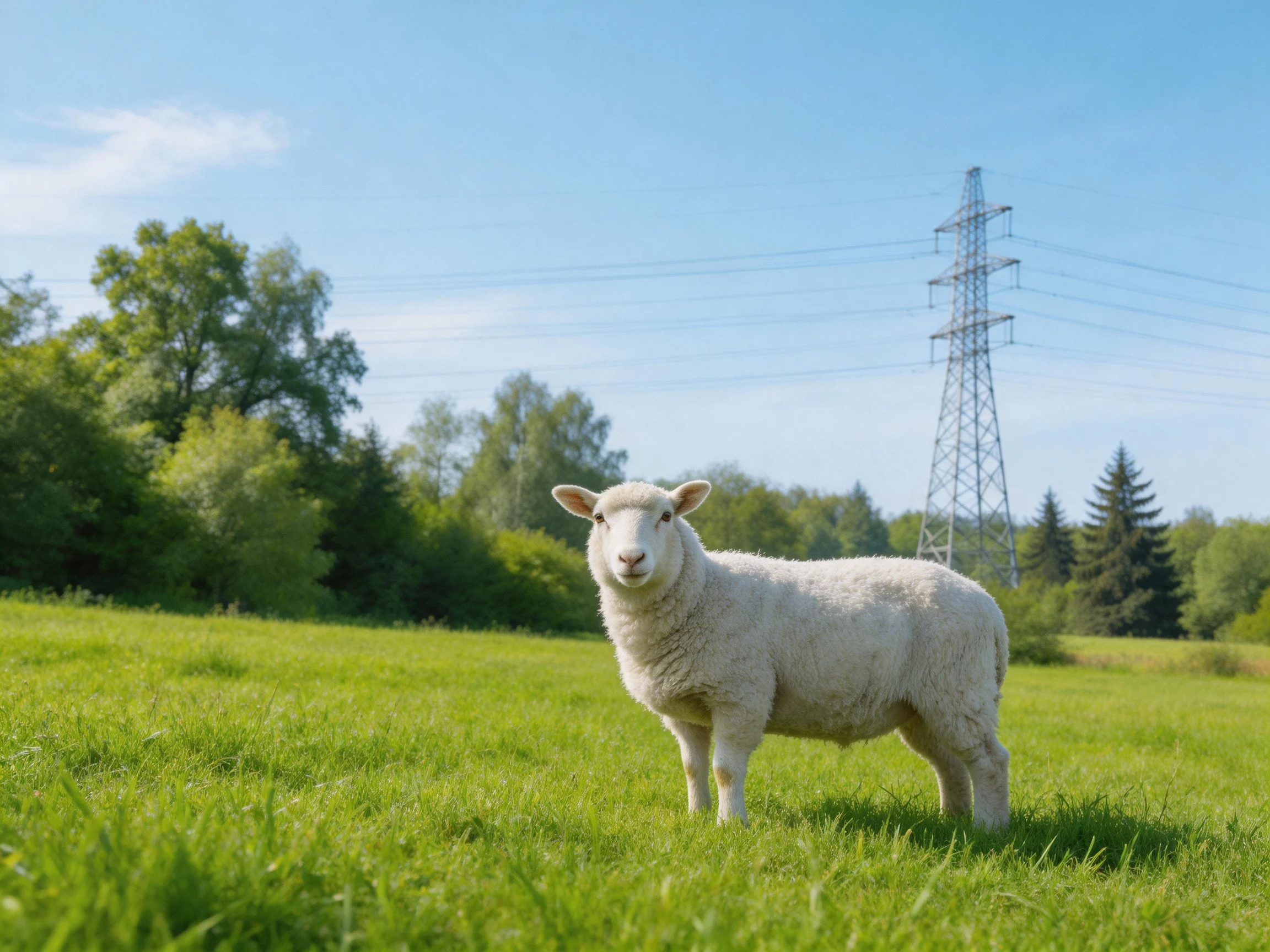 A white lamb stands in a lush green meadow near a metal power tower
