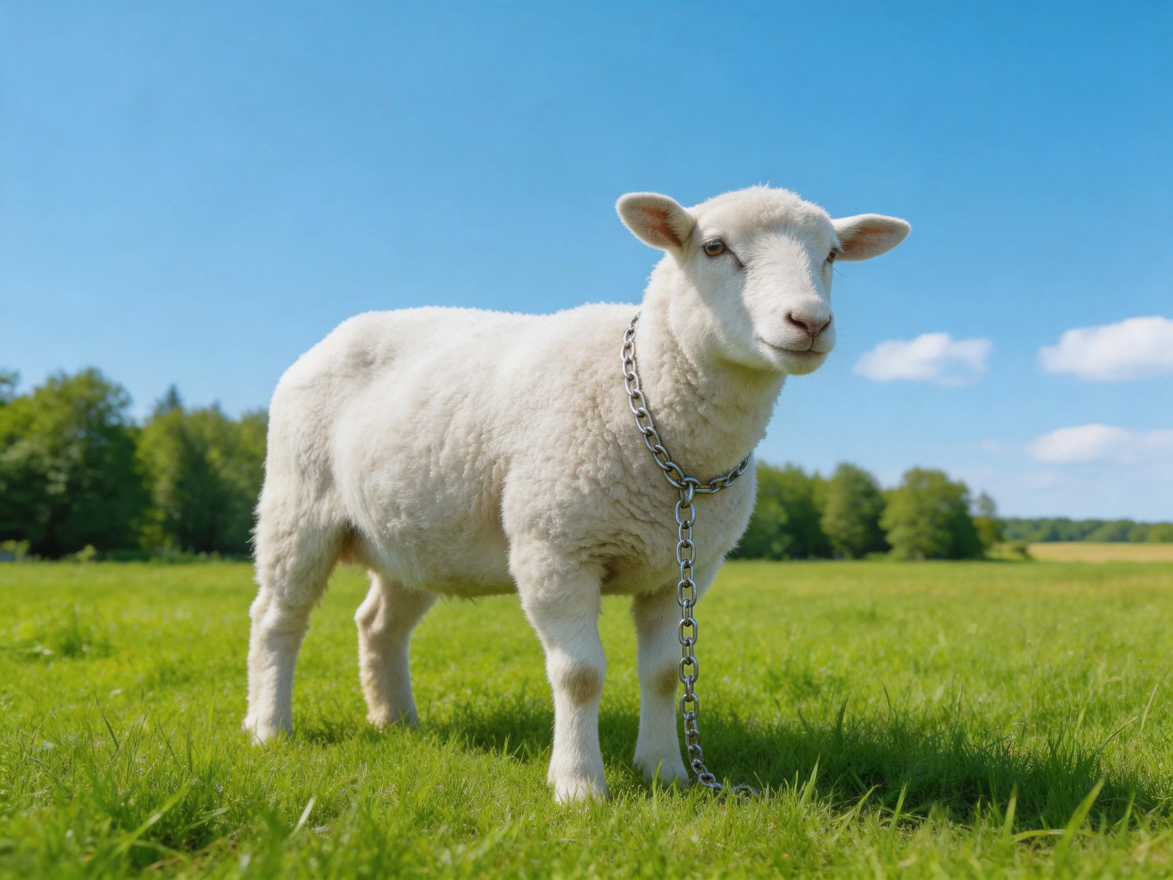 A young sheep with a metal chain stands in a vibrant green pasture under a clear blue sky.