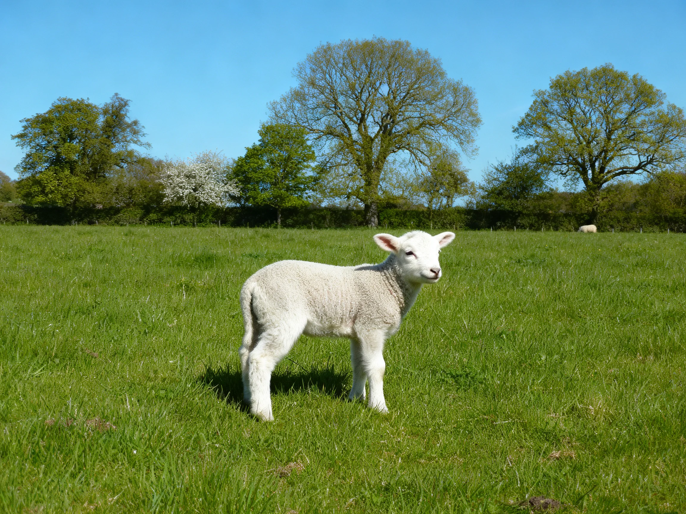 A young white lamb is in a sunny green pasture near trees.