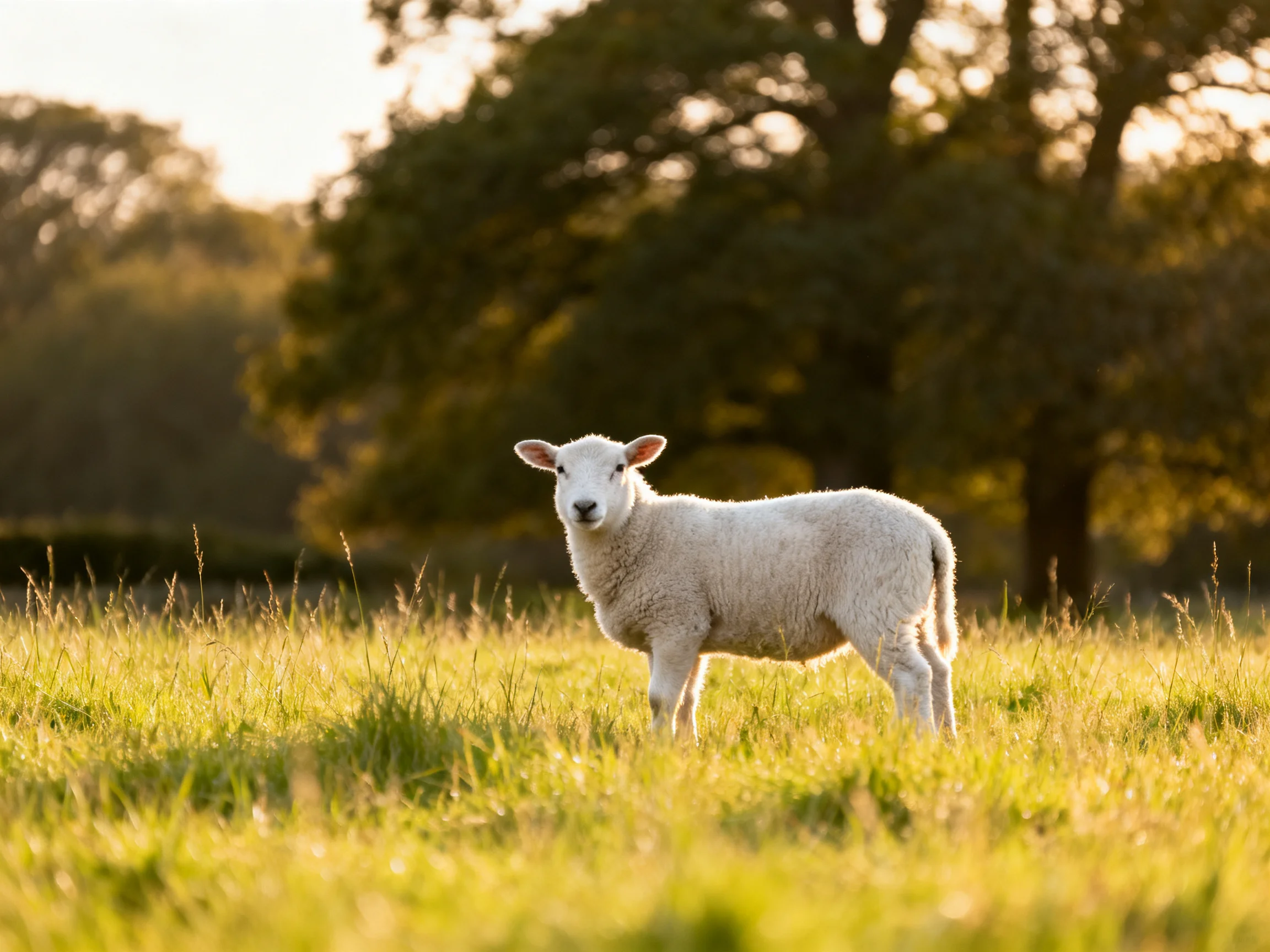 A white lamb stands in a sunlit grassy meadow with large trees
