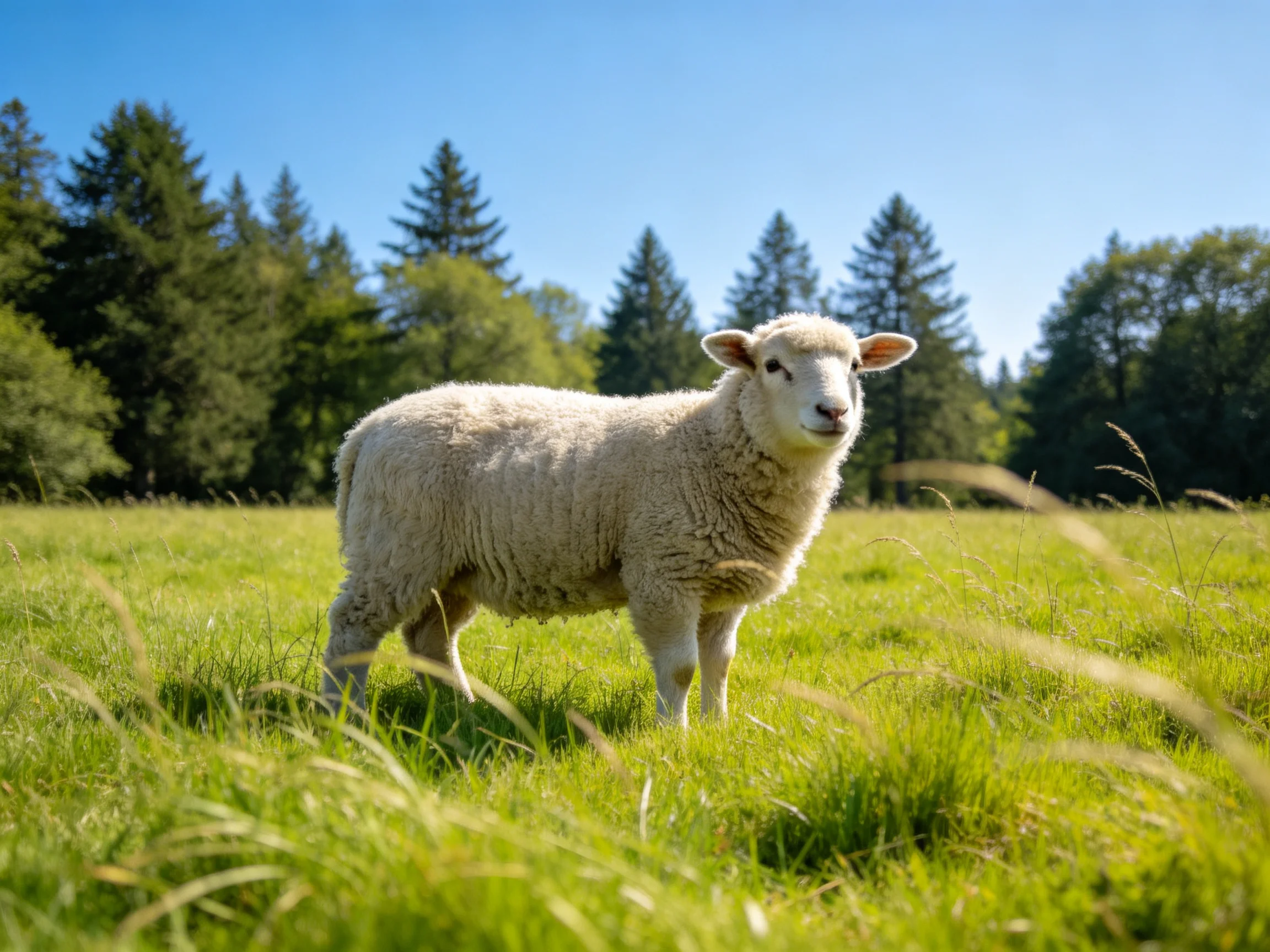 A single sheep stands in a bright, grassy field with forested surroundings.