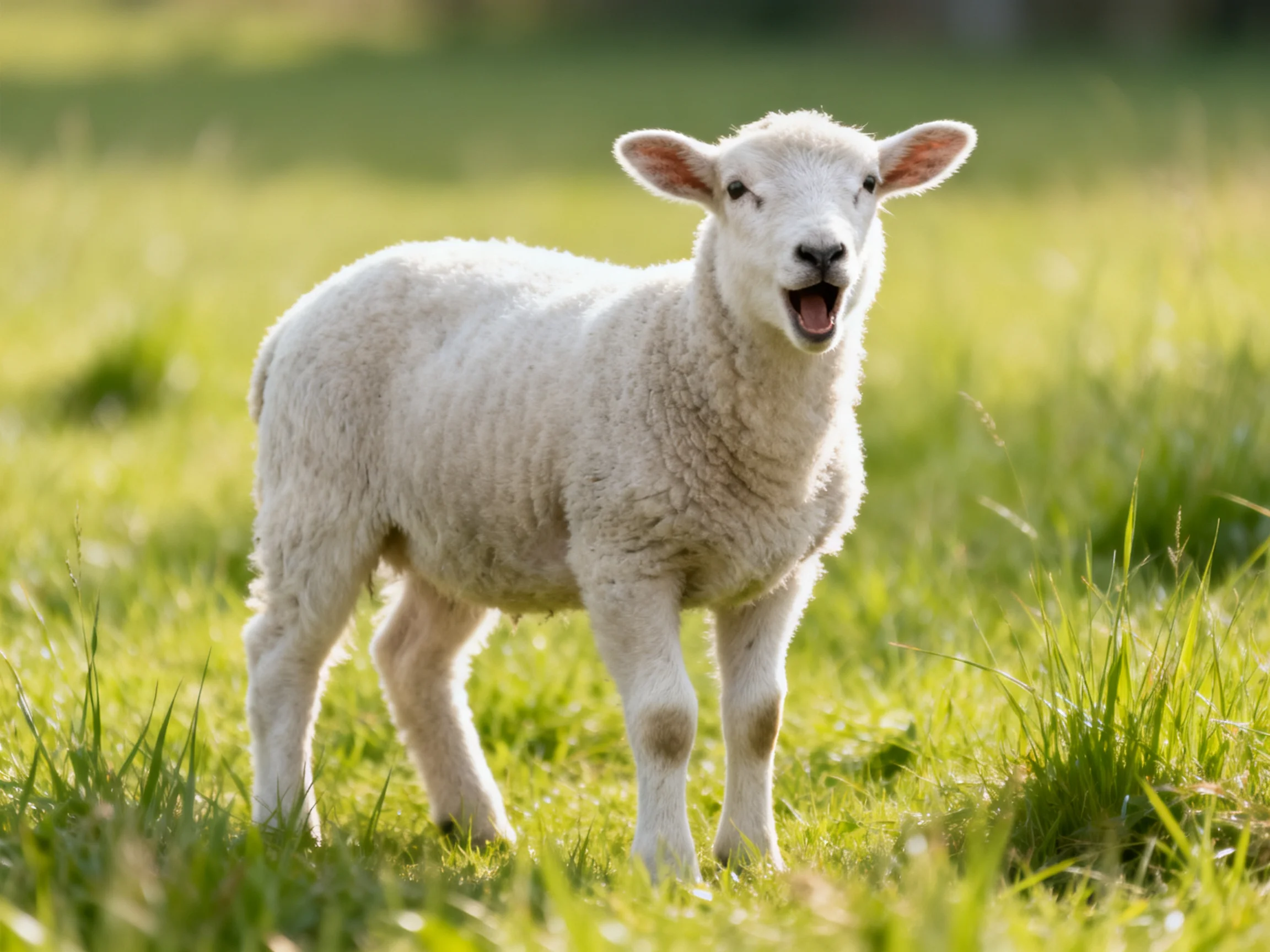 A young white lamb stands in a sunlit meadow with mouth open
