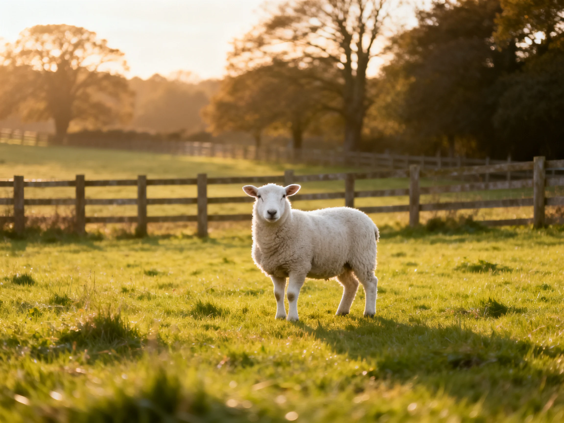 A white lamb stands in a sunlit green pasture near wooden fences