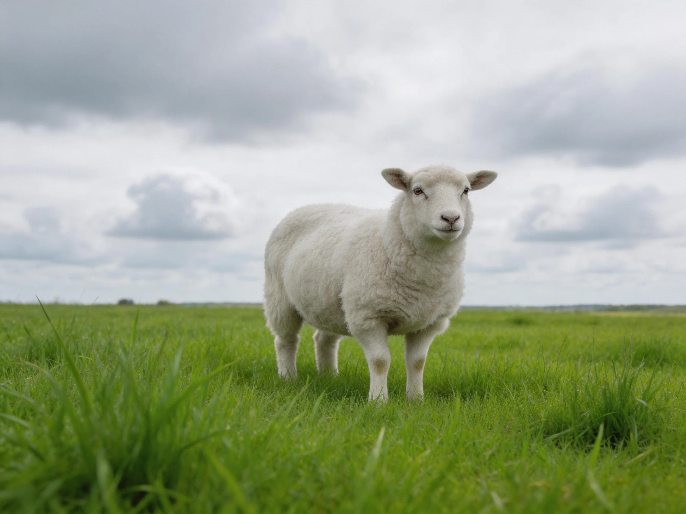 A white lamb stands in lush green grass under overcast skies