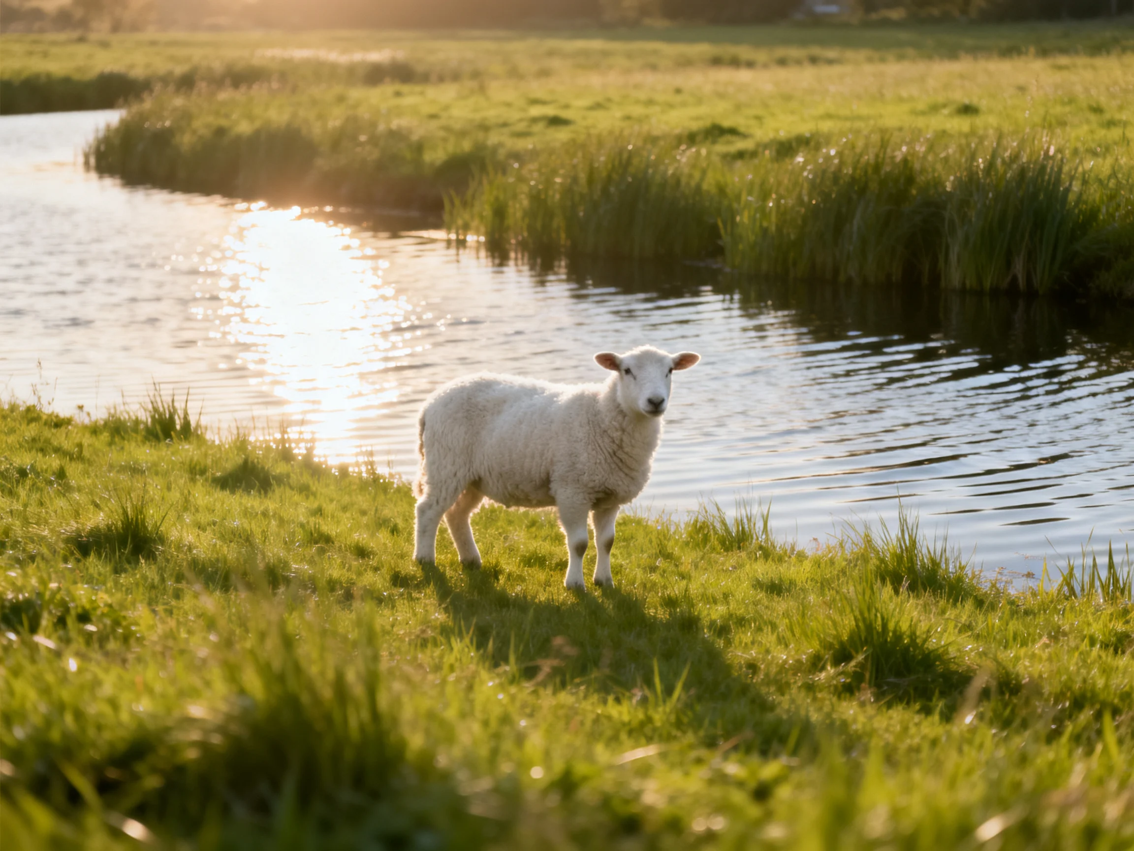 A white lamb stands near a calm river in golden-hour light