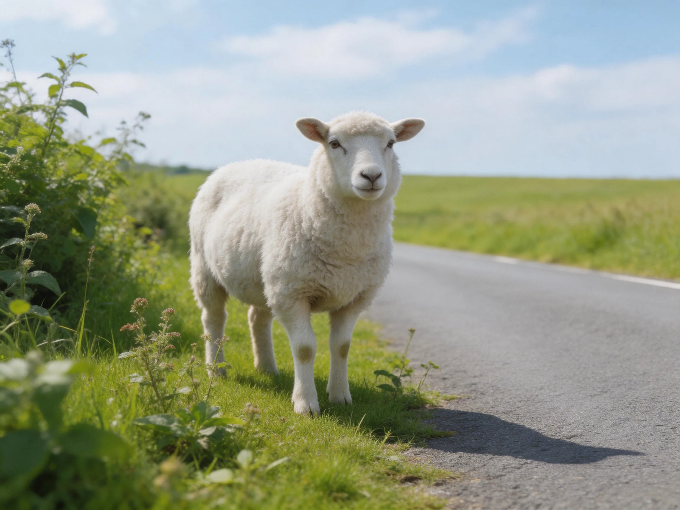 A white lamb stands near a paved country road with lush greenery