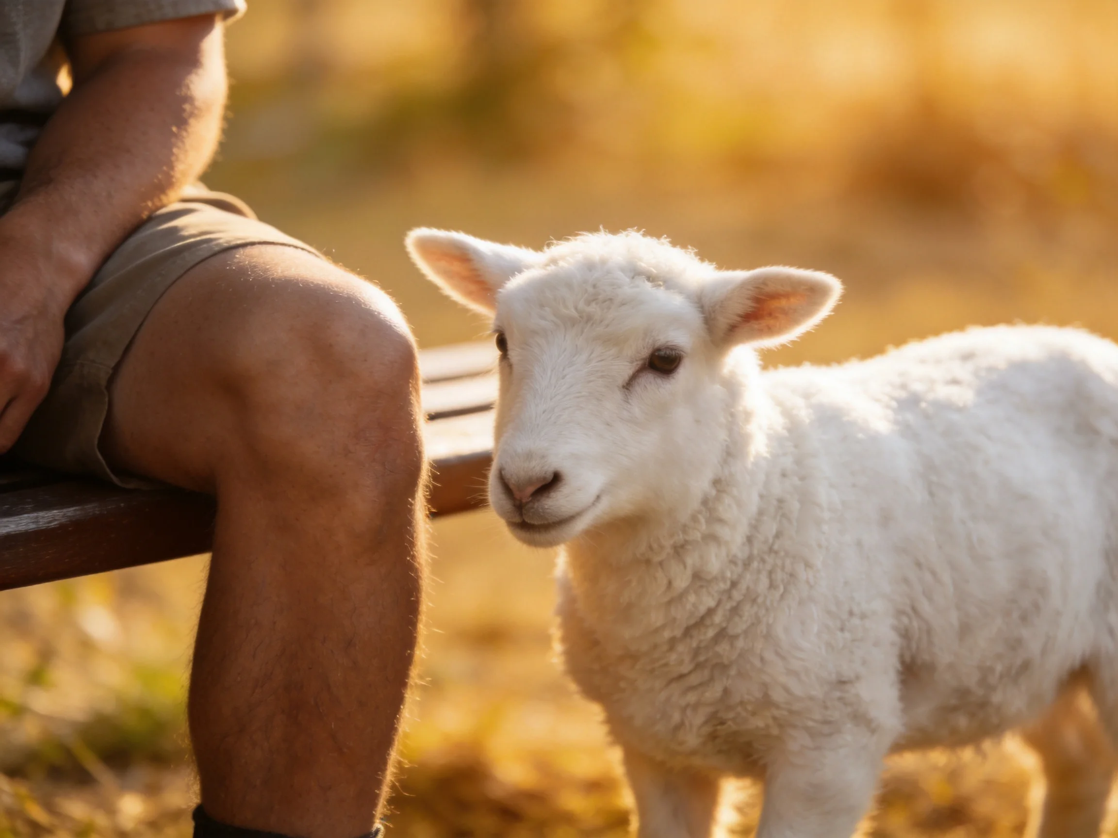 A white lamb stands near a seated person on a wooden bench