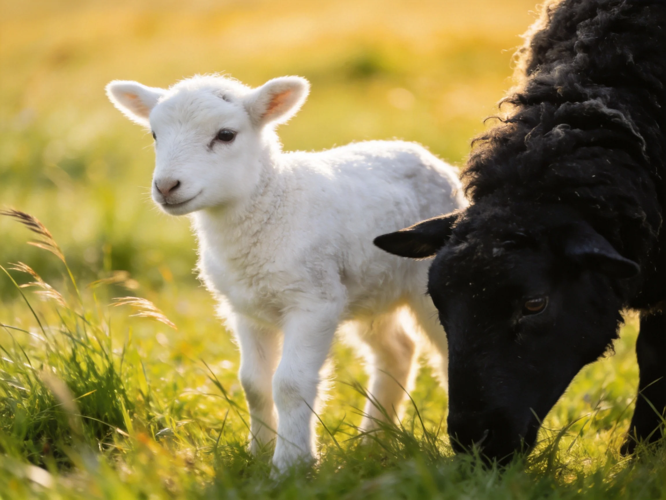 A white lamb stands next to a black sheep in a sunlit meadow