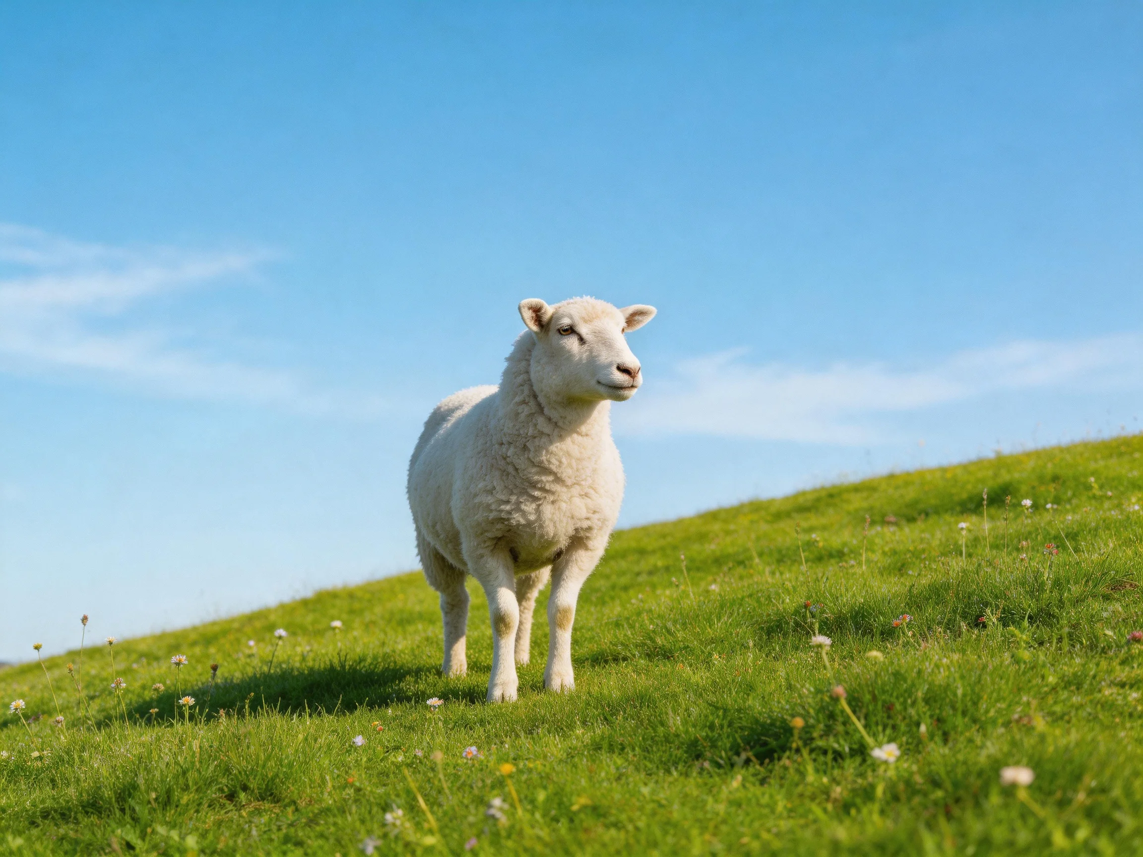 A white lamb stands on a lush green hillside beneath clear blue sky