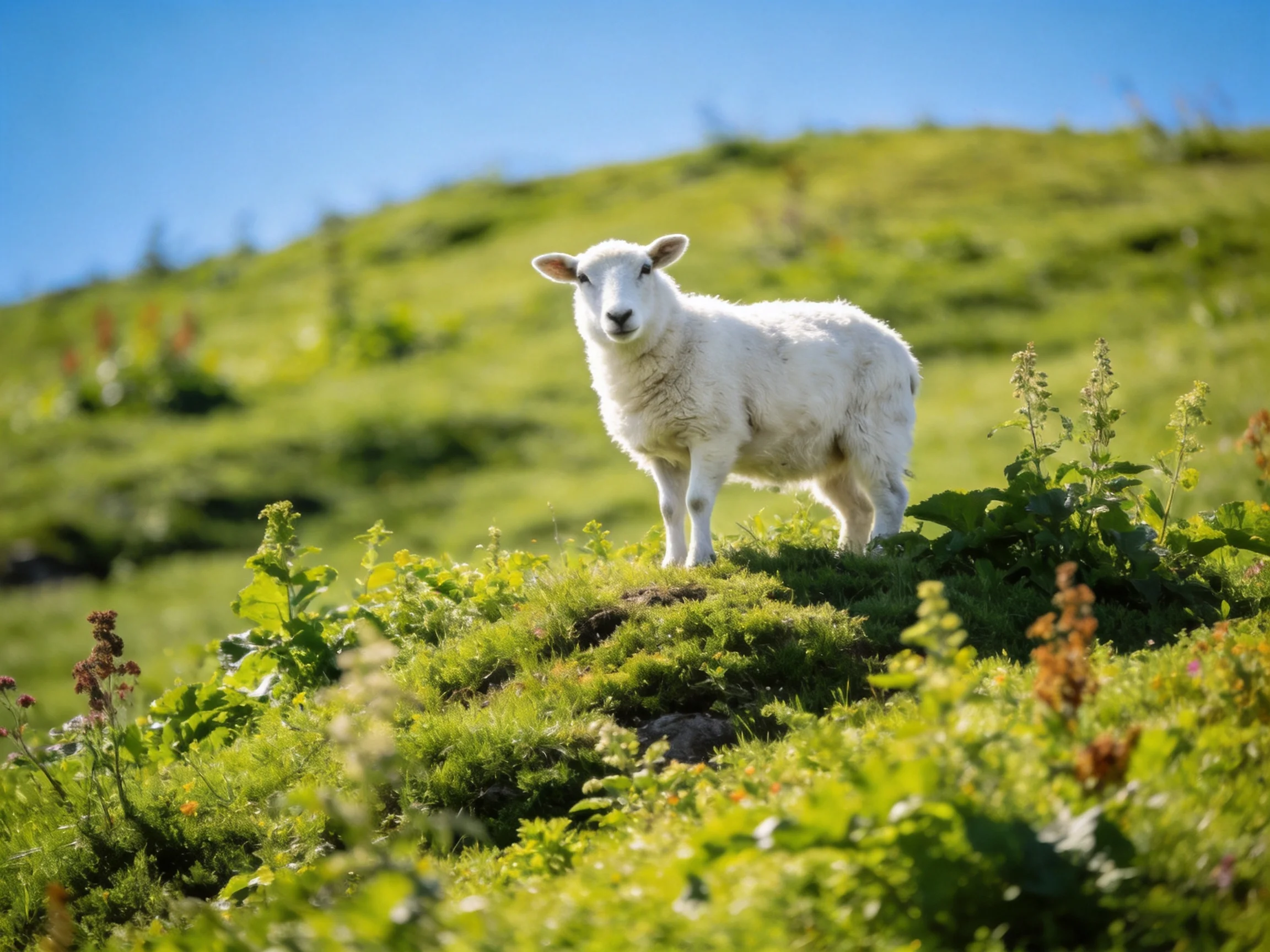 A white lamb stands on a lush green hillside under clear blue sky