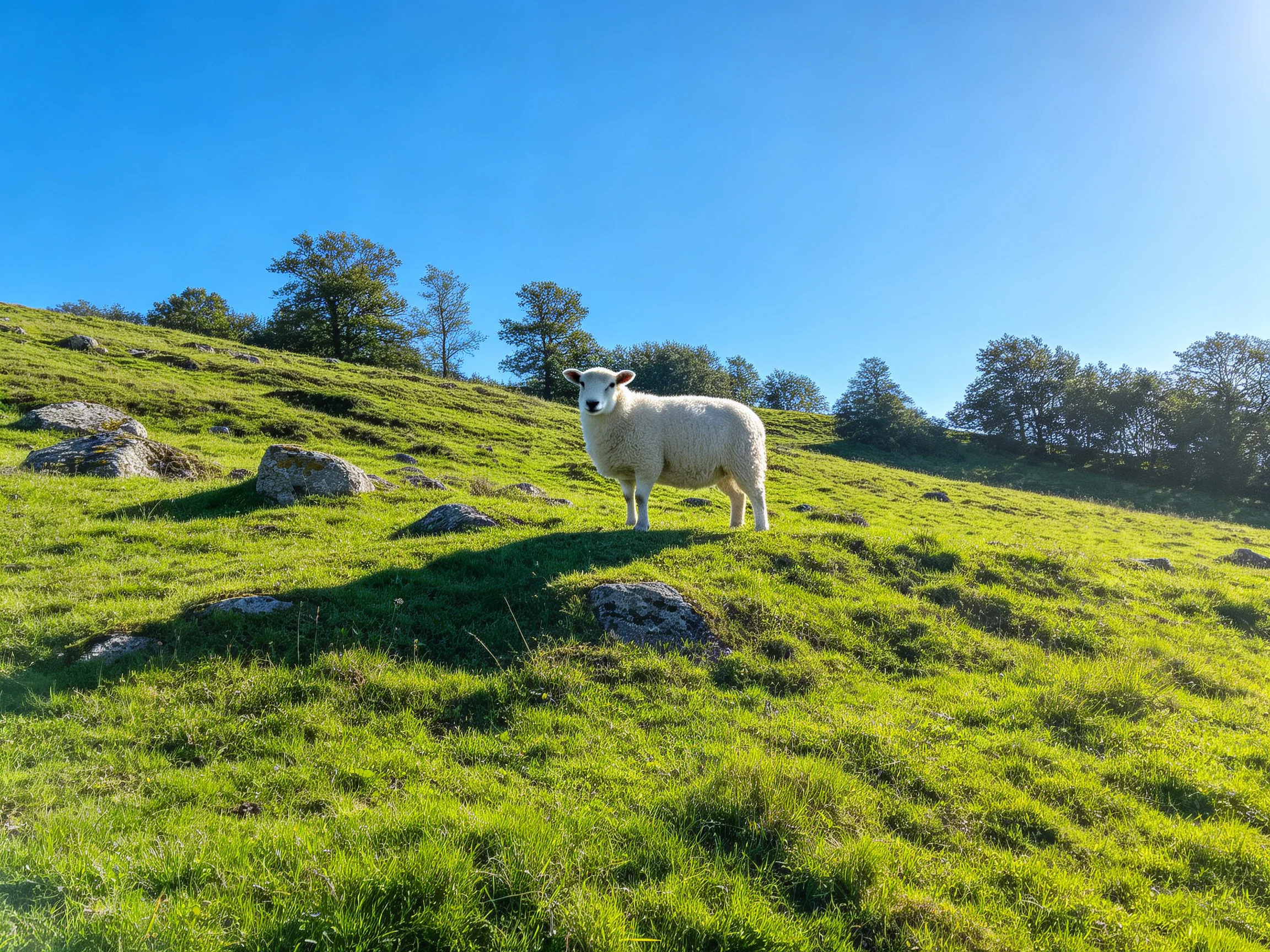 A white lamb stands on a lush green hillside with scattered rocks