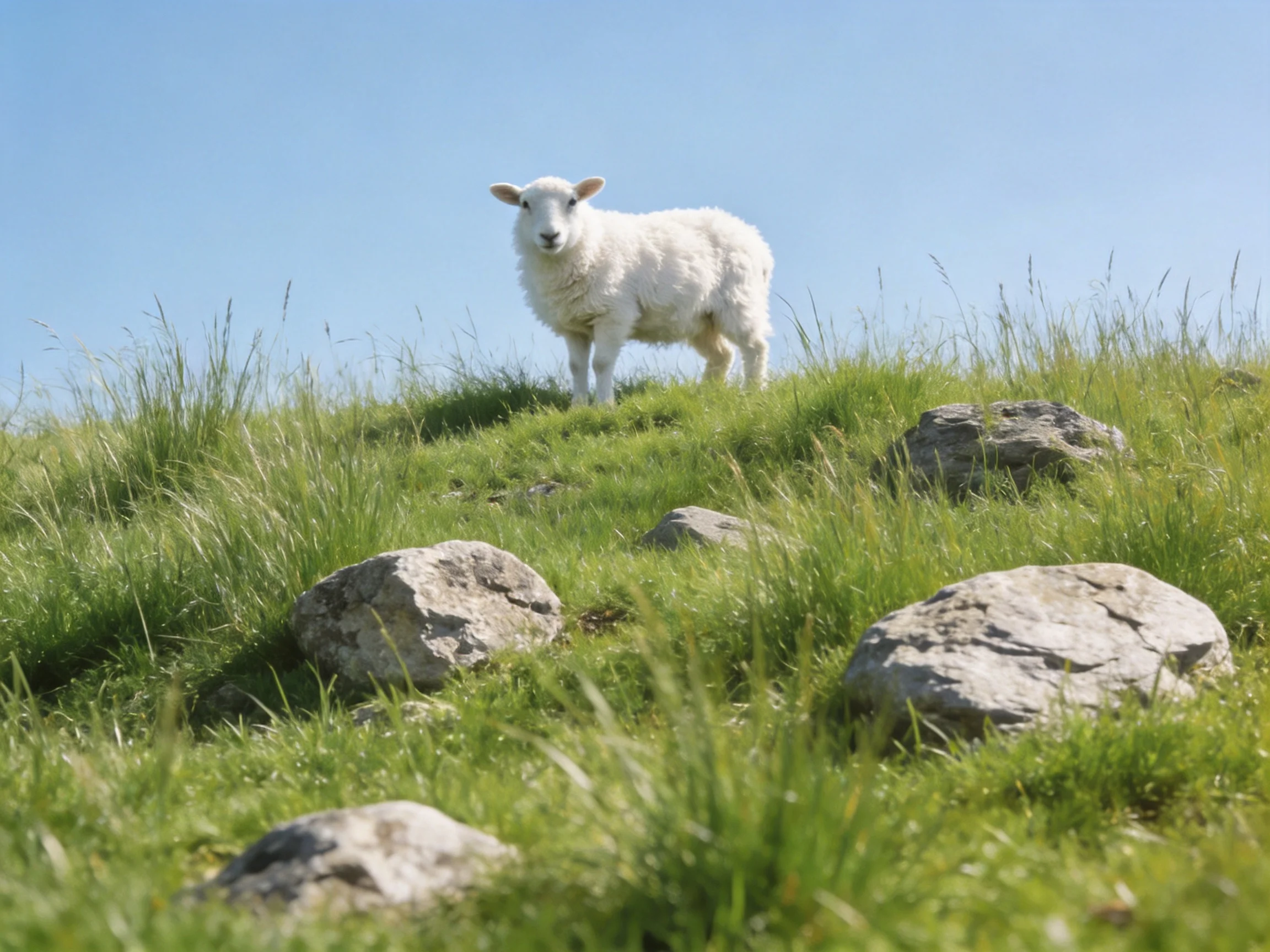 A white lamb stands on a grassy hillside with rocks under clear blue sky