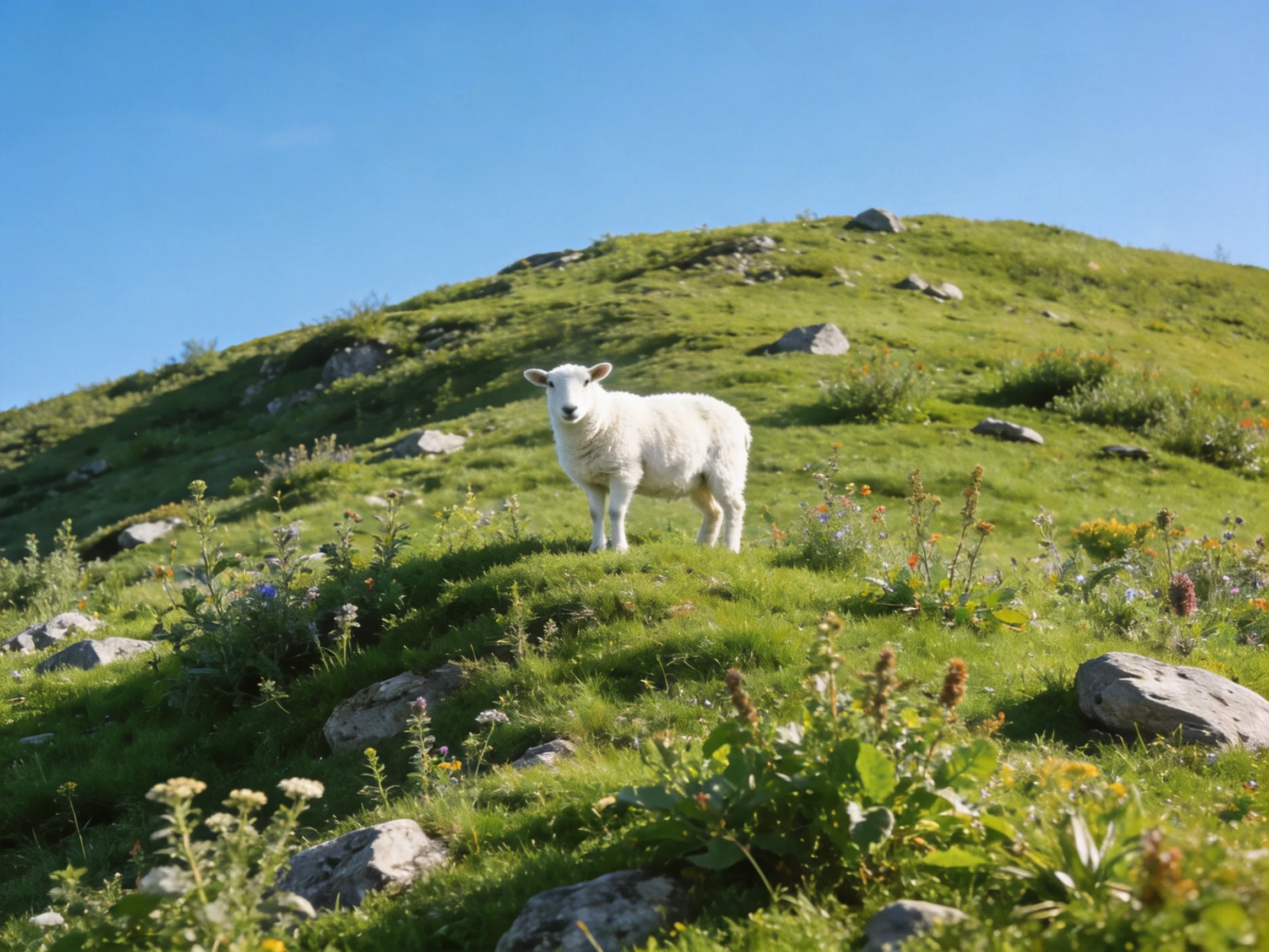 A white lamb stands alone on a grassy hill with rocks and wildflowers.