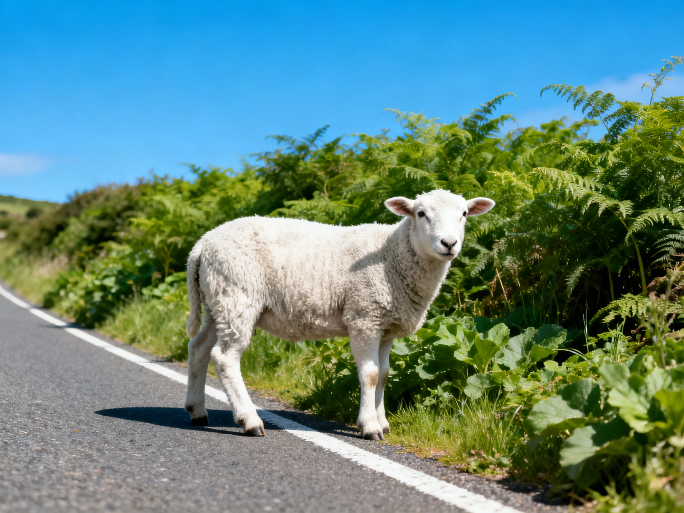 A white lamb stands on a paved road near lush greenery