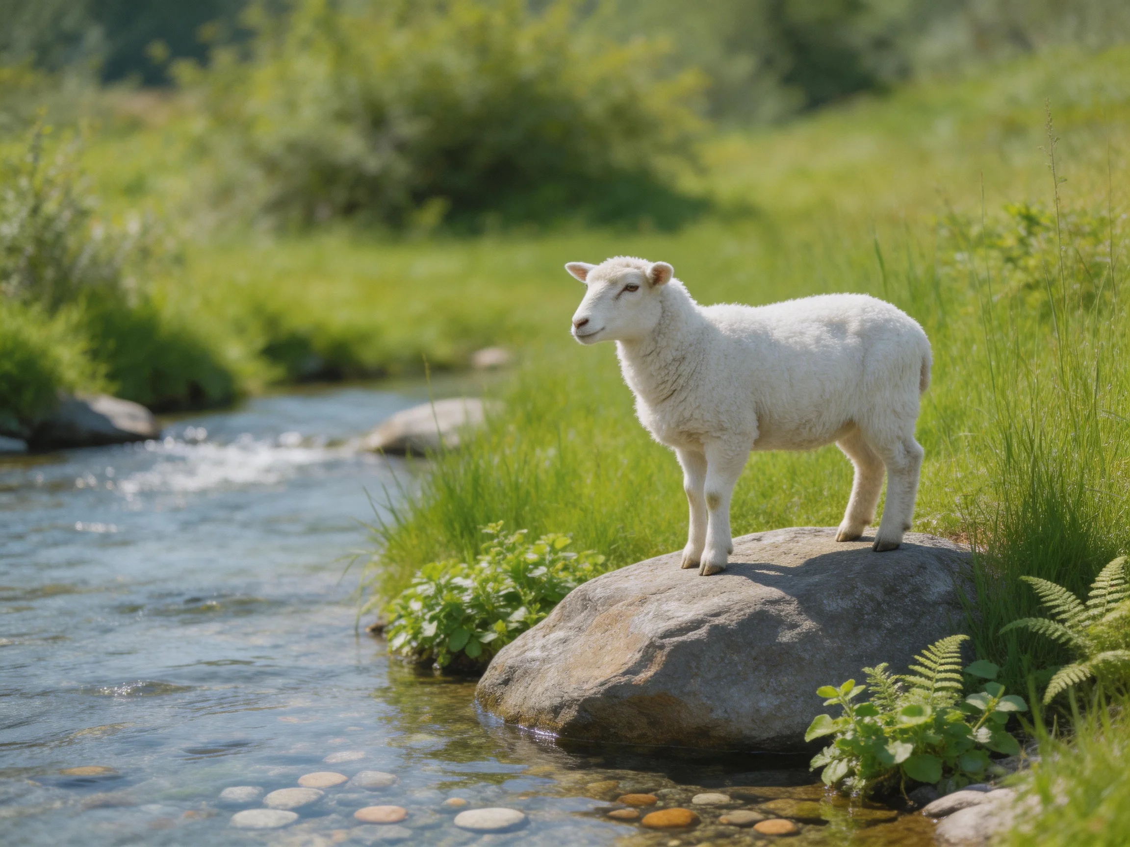 A white lamb stands on a rock by a clear stream