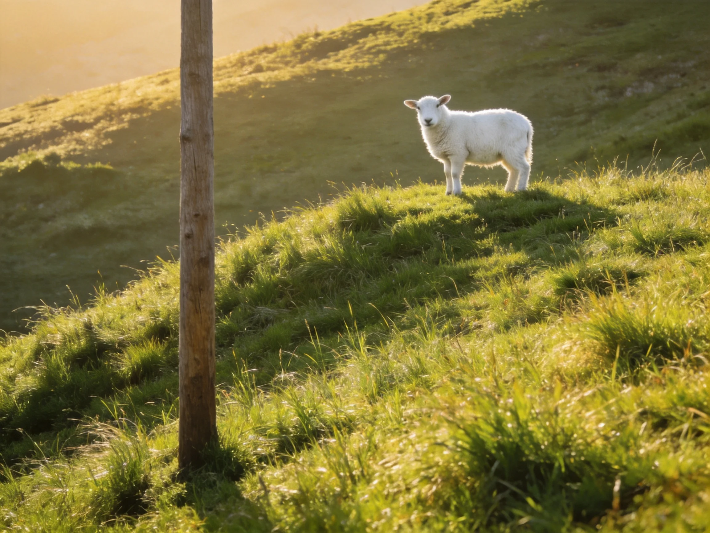 A white lamb stands on a sunlit green hillside with a wooden post