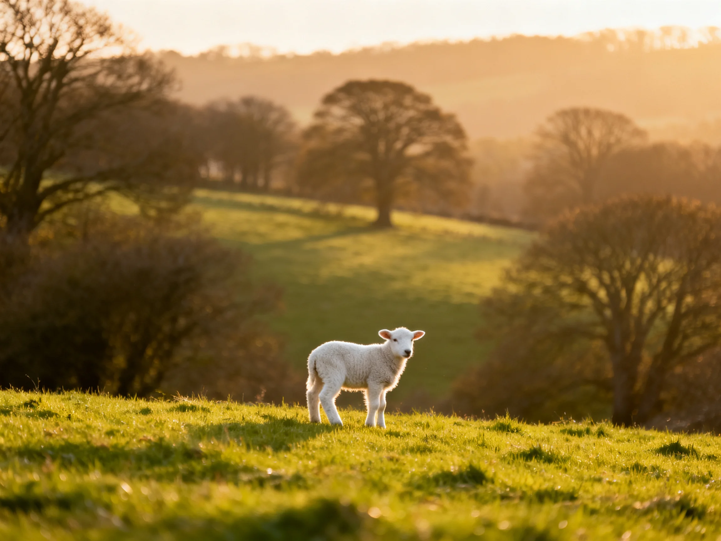 A white lamb stands on a sunlit green hillside with distant trees
