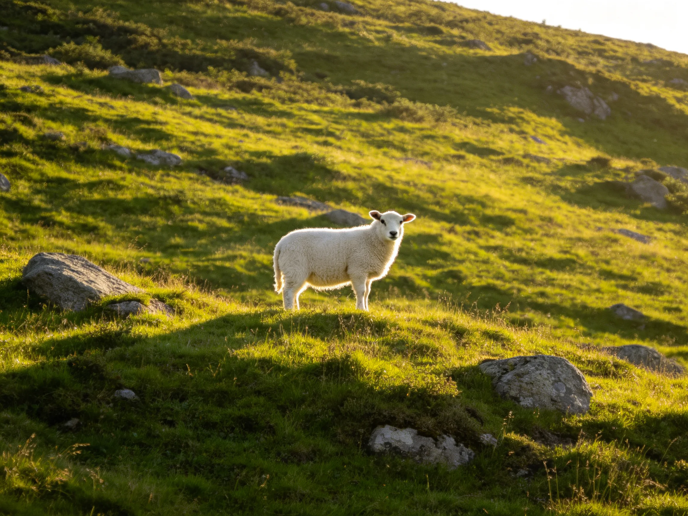 A white lamb stands on a sunlit rocky green hillside