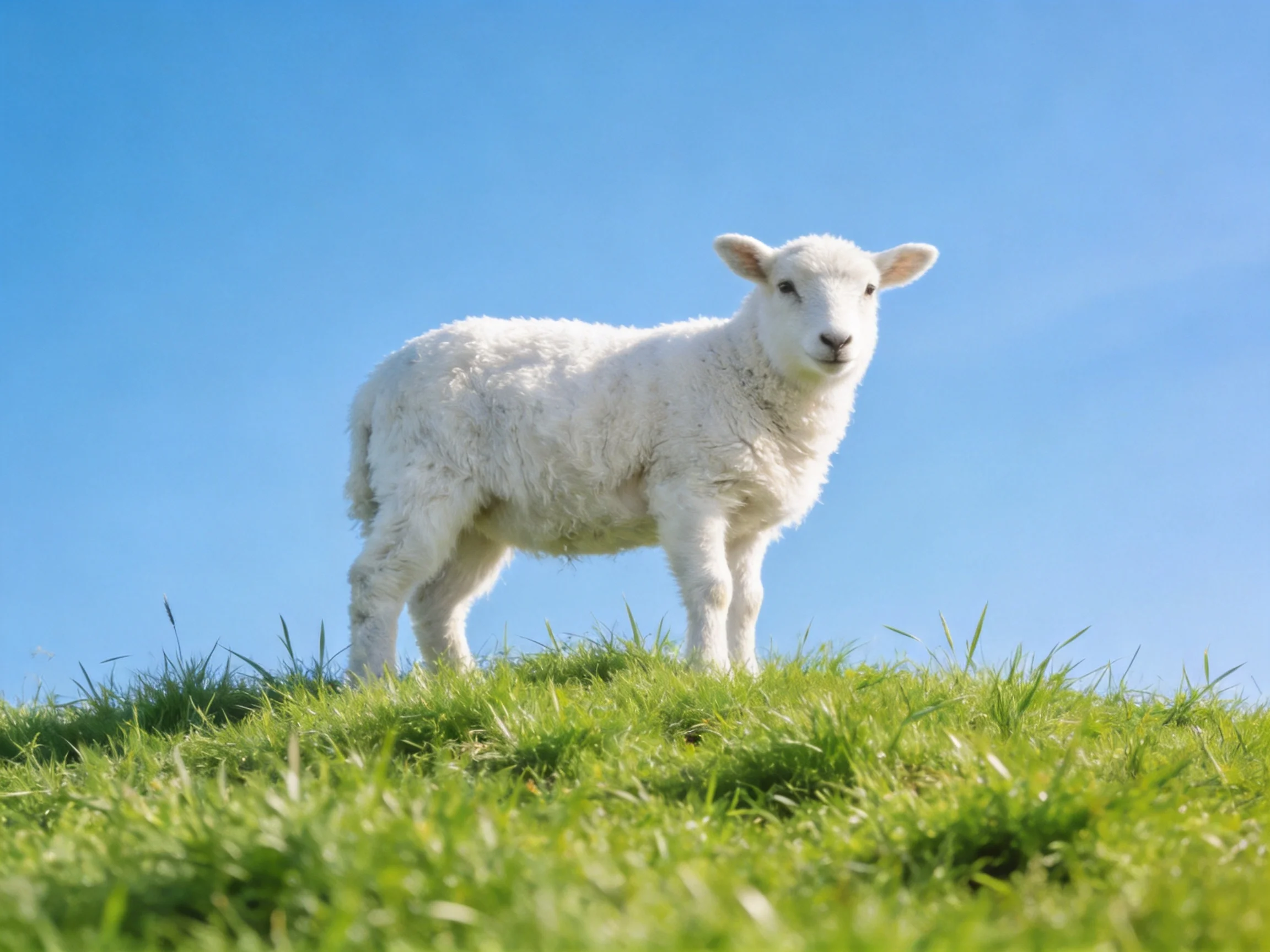 A white lamb stands on grassy hill under clear blue sky