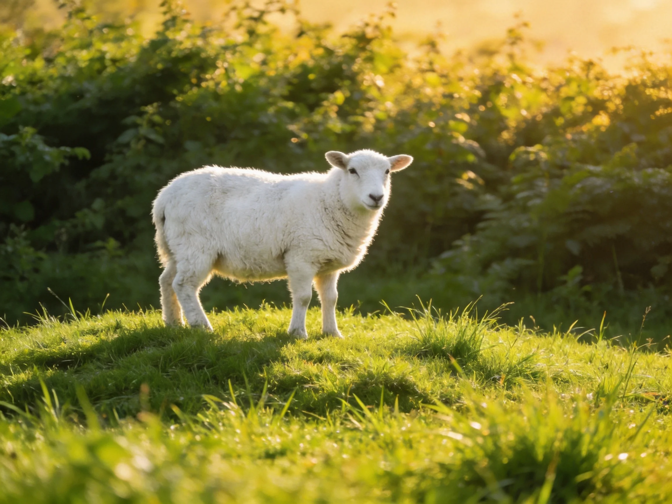 A white lamb stands on lush green grass in golden sunlight