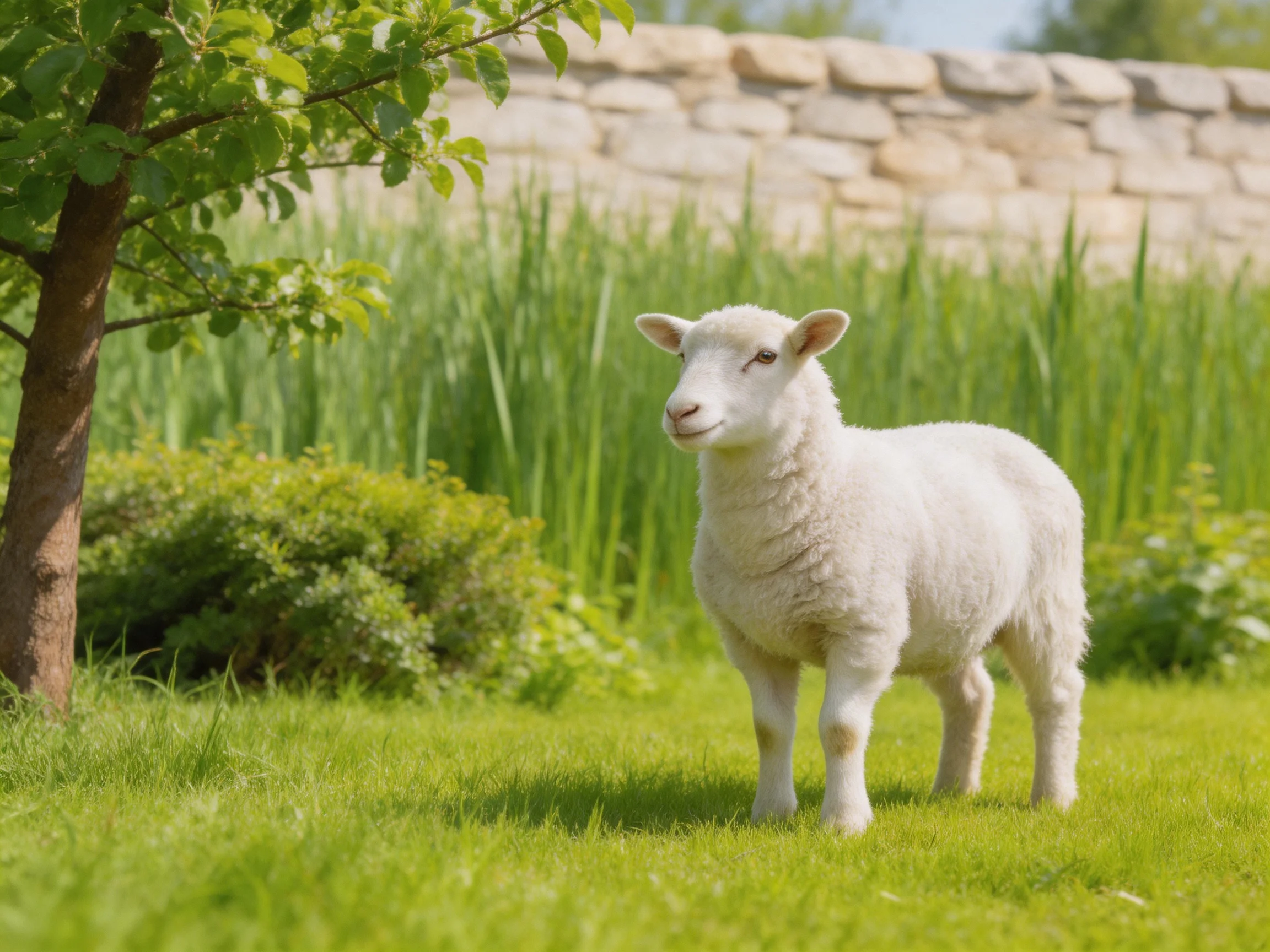 A white lamb stands on lush green grass in a sunny garden setting.