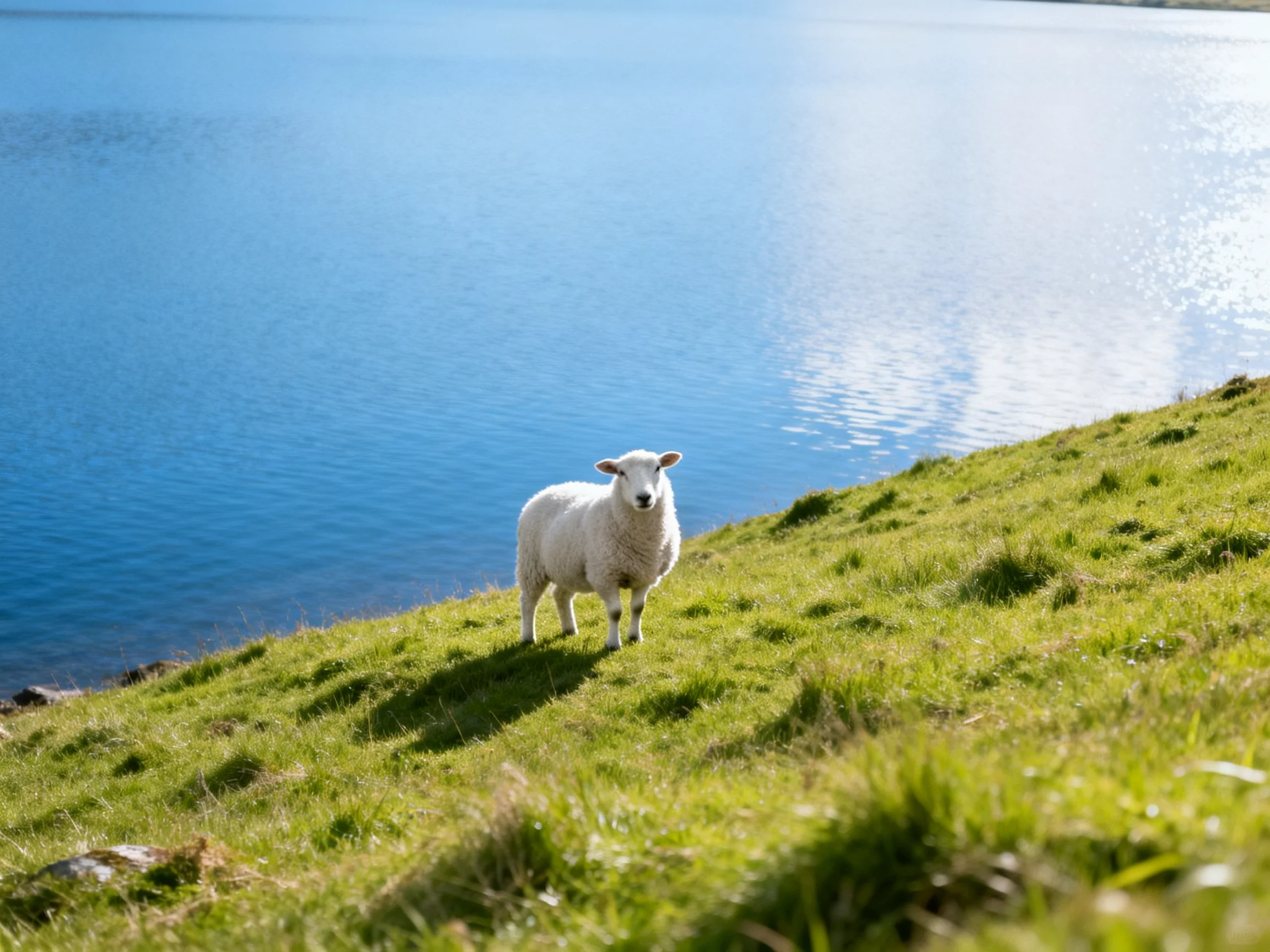 A white lamb stands on grass beside a large body of calm blue water.