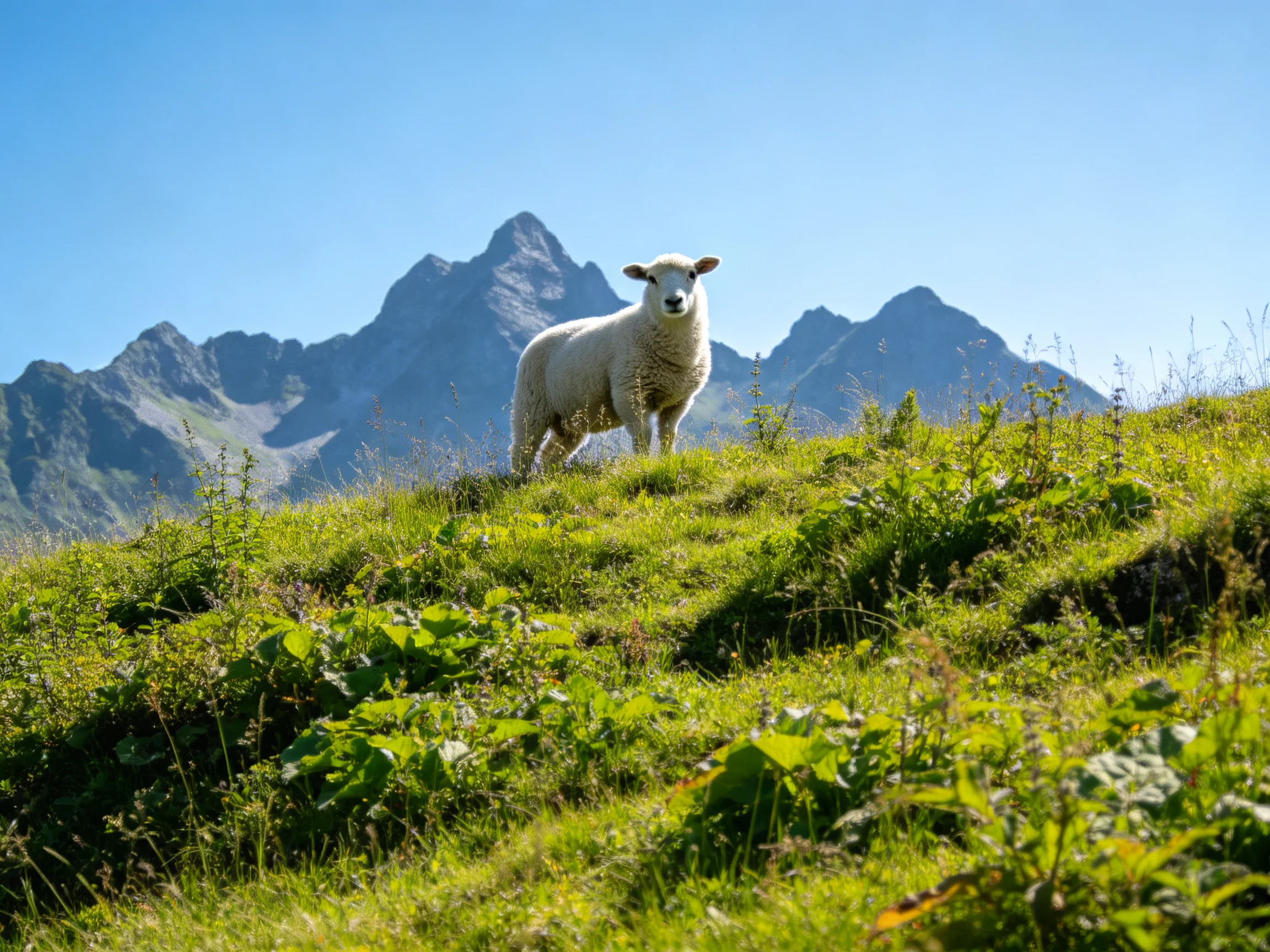 A sheep stands on a grassy hill with towering mountains in the background.