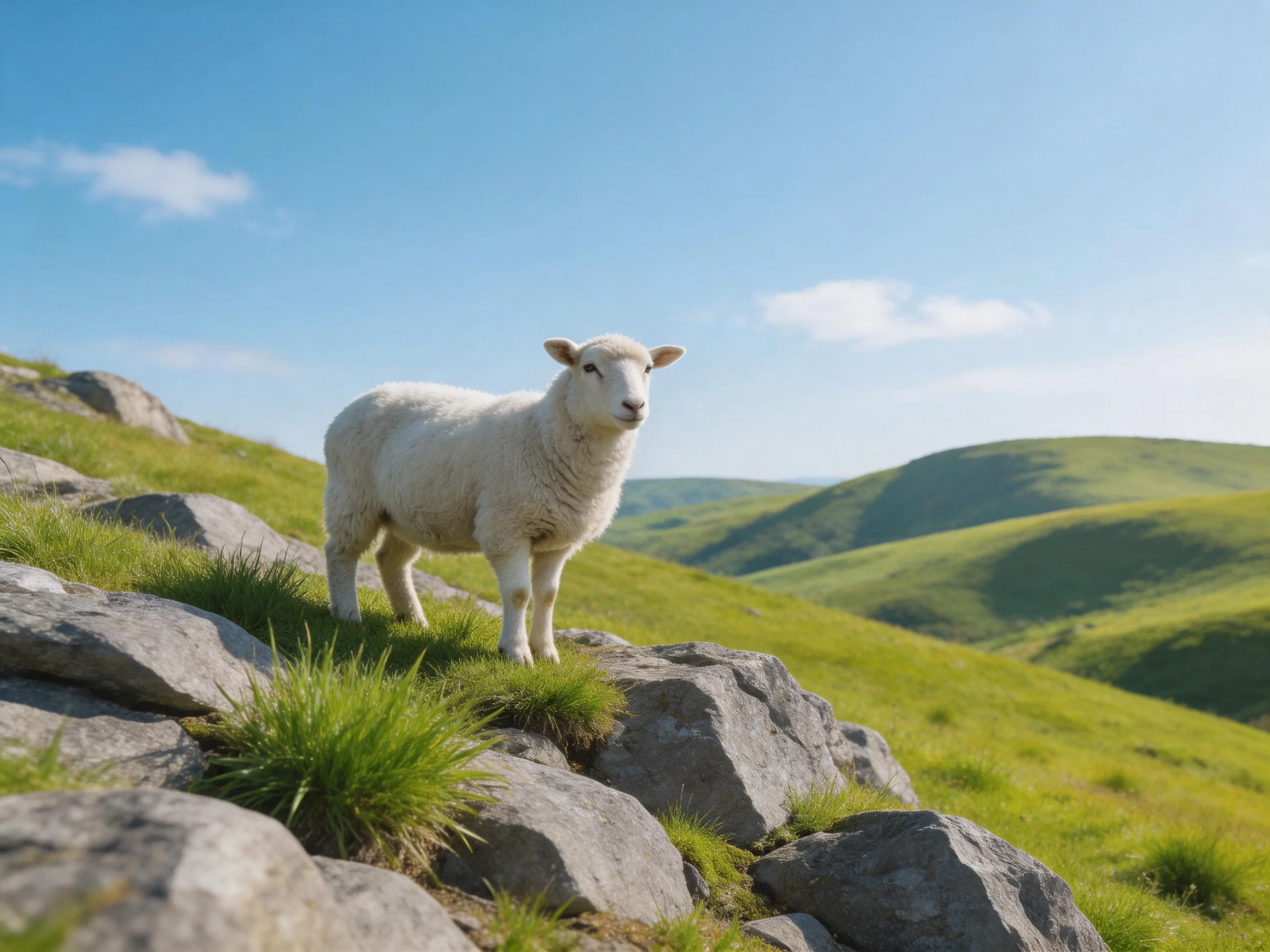 A white lamb stands on rocky terrain among rolling green hills