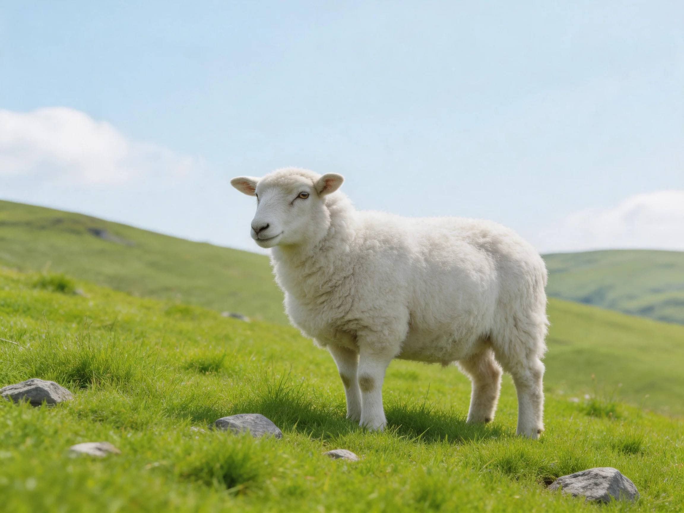 A white lamb stands on rolling green hills
