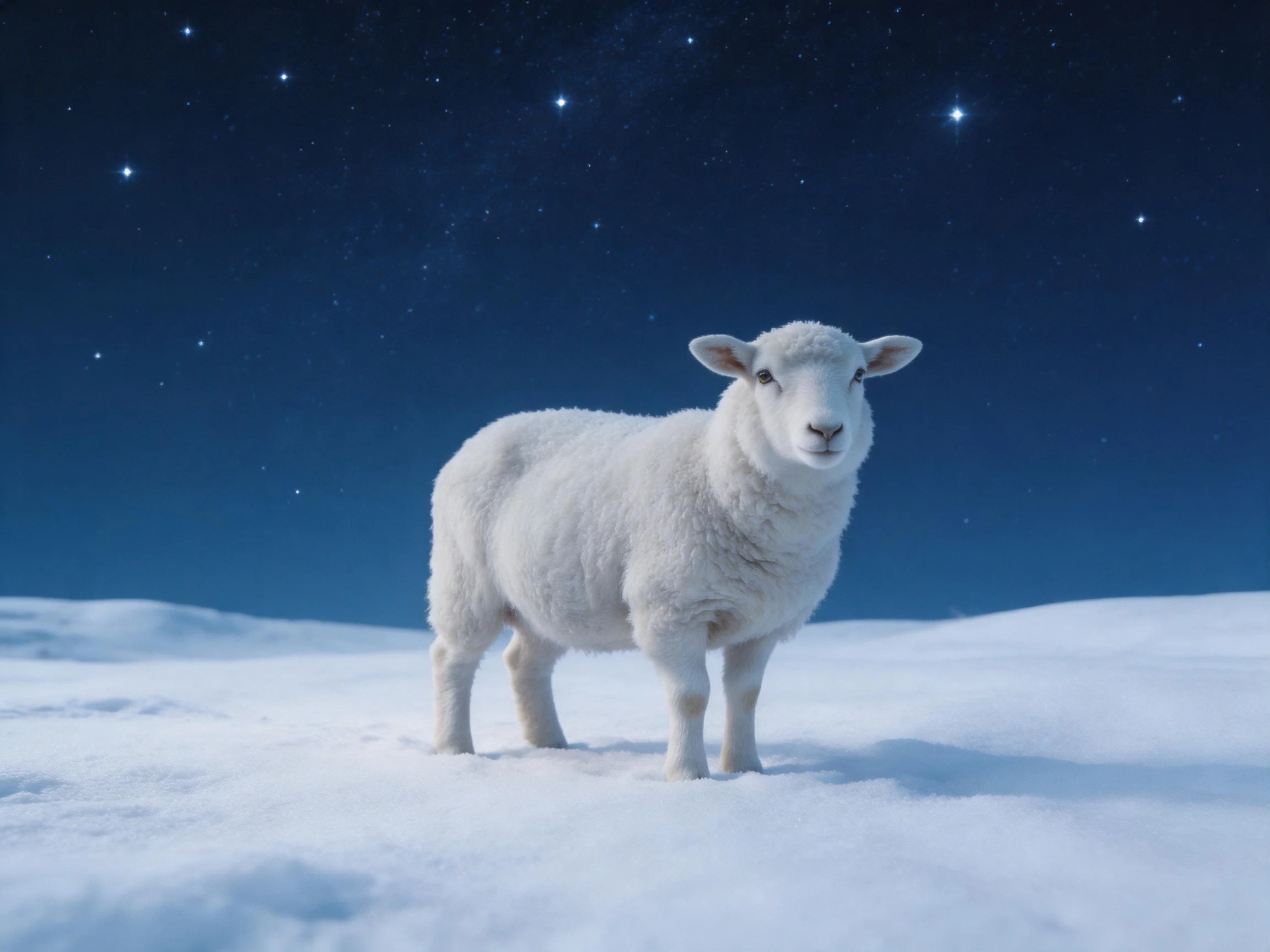 A white lamb stands on snow under a starry night sky