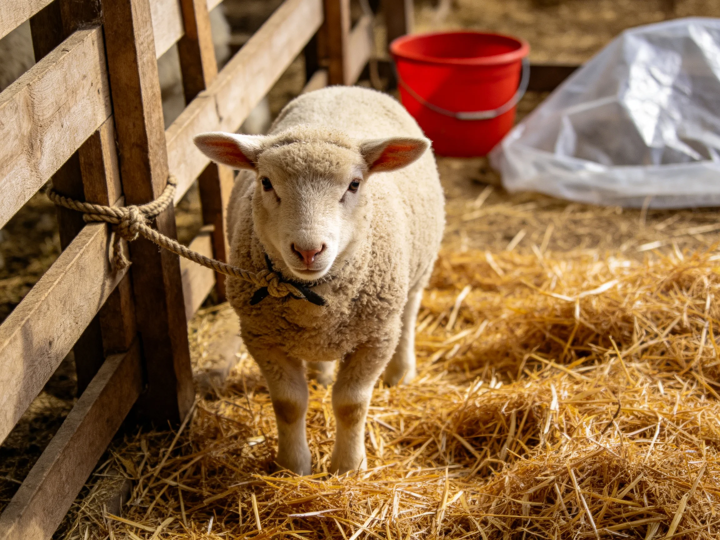 A white lamb tied to a wooden fence amid golden straw