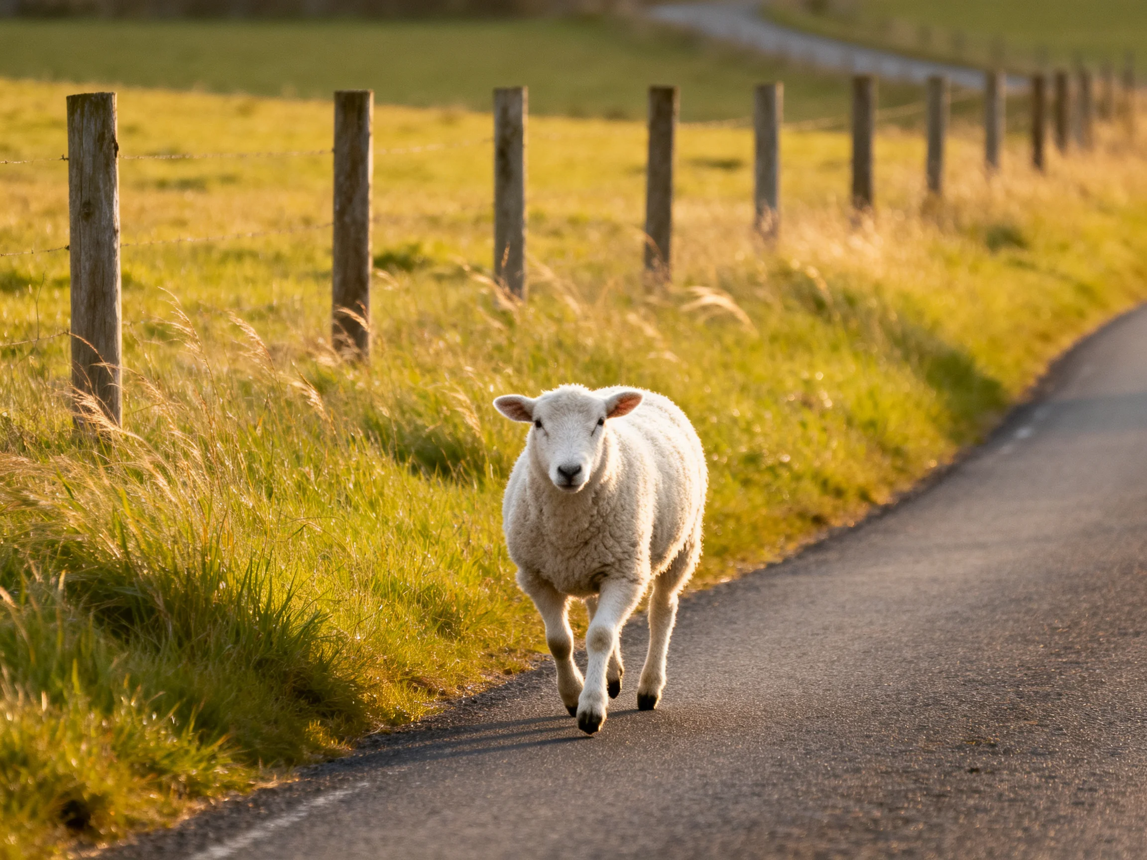 A white lamb walks along a paved country road near wooden posts