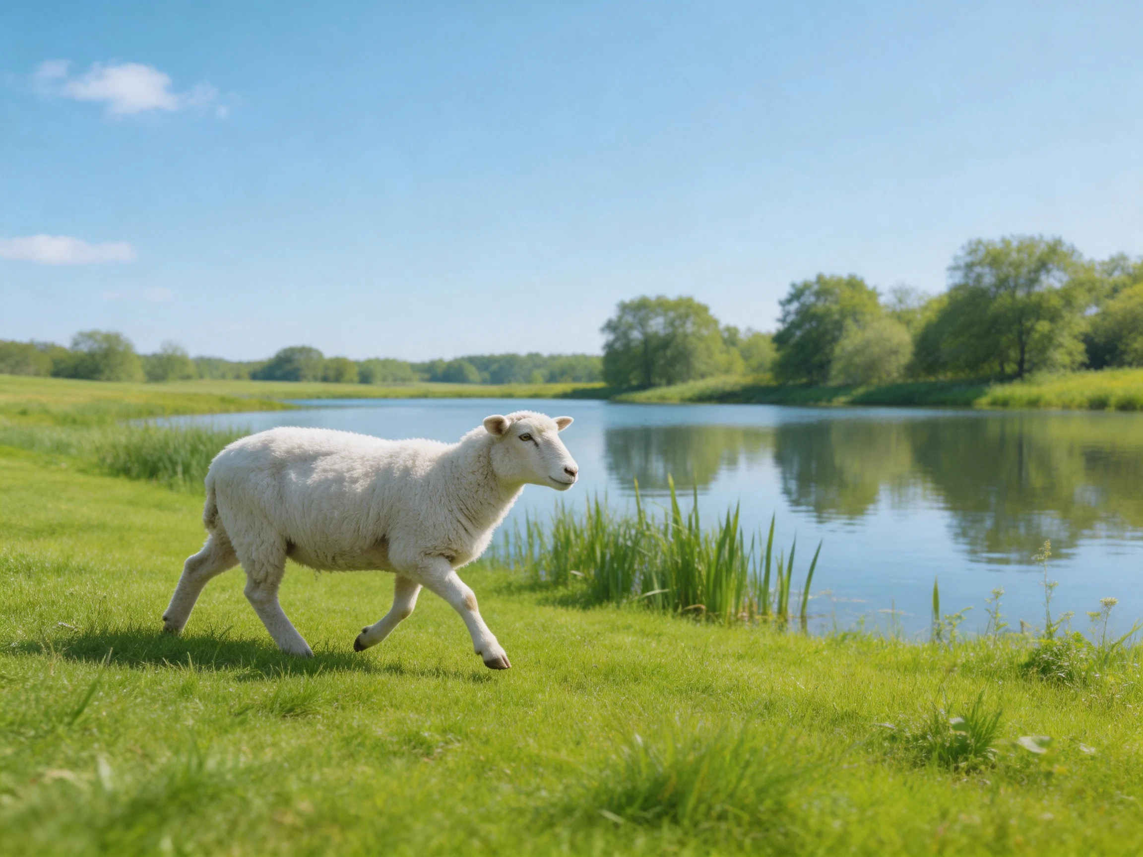 A white lamb walks near a calm blue river with lush greenery