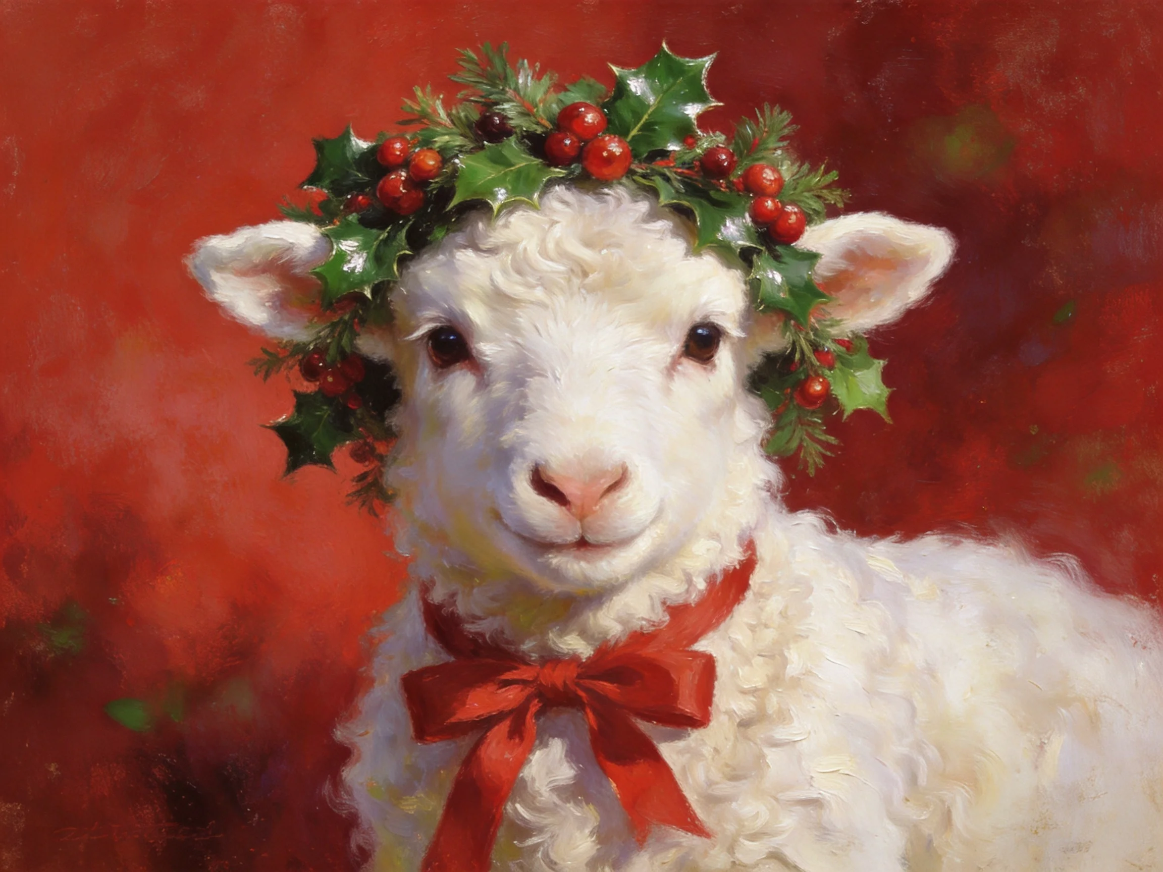 A white lamb wearing a holly berry wreath with red ribbon