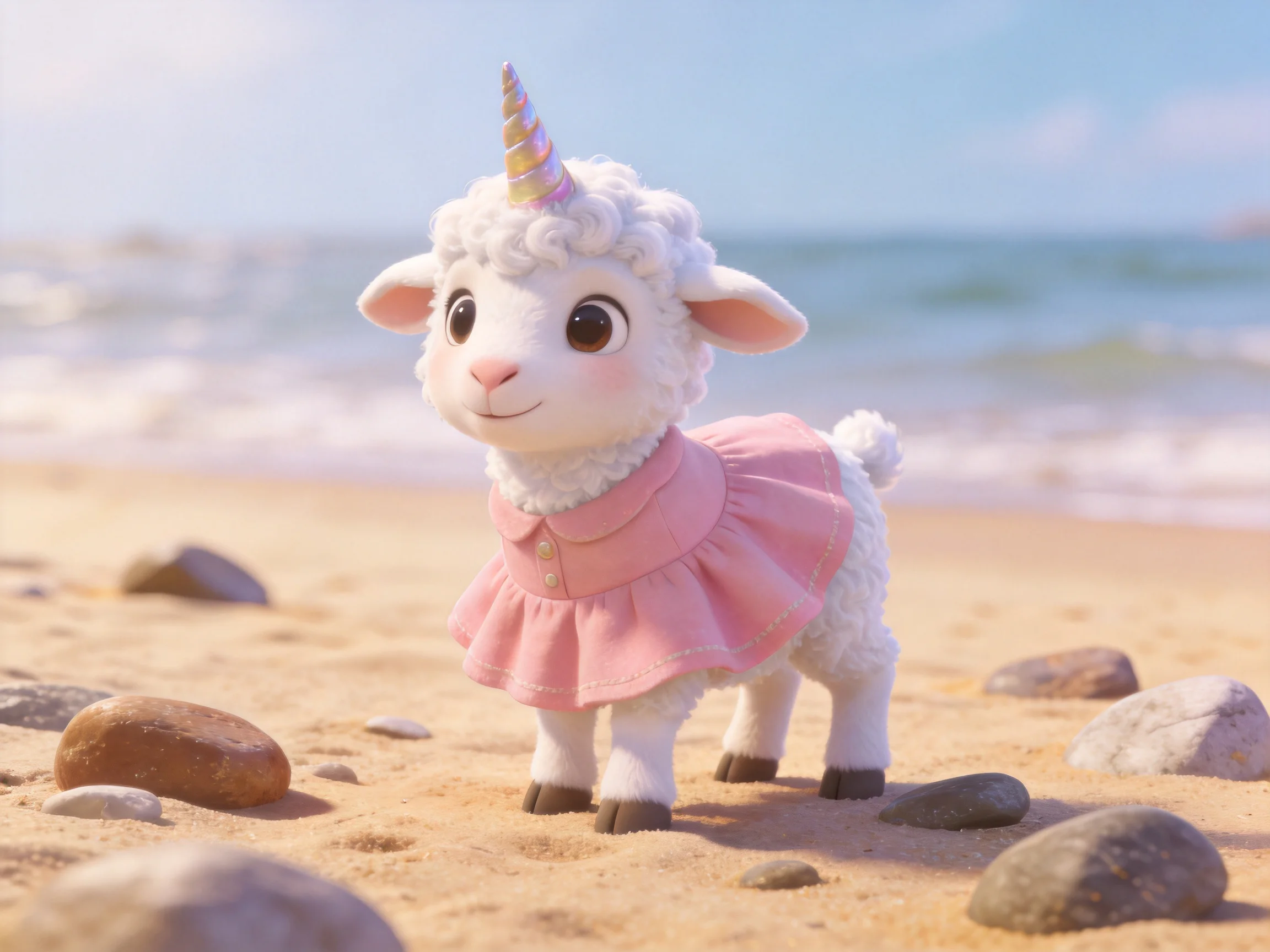 A white lamb with a unicorn horn wears a pink dress on a sandy beach