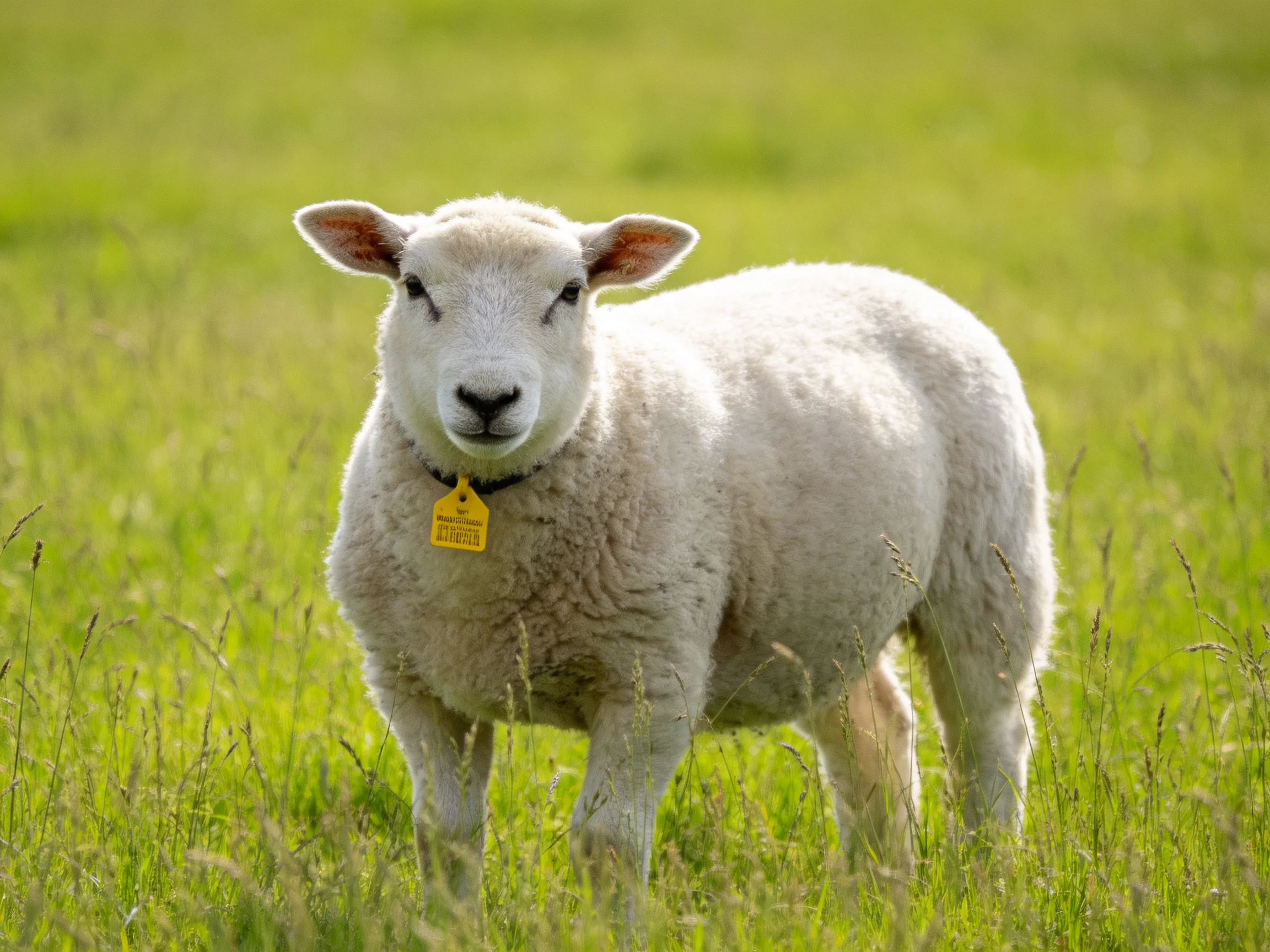 A white lamb with a yellow tag stands in a green meadow