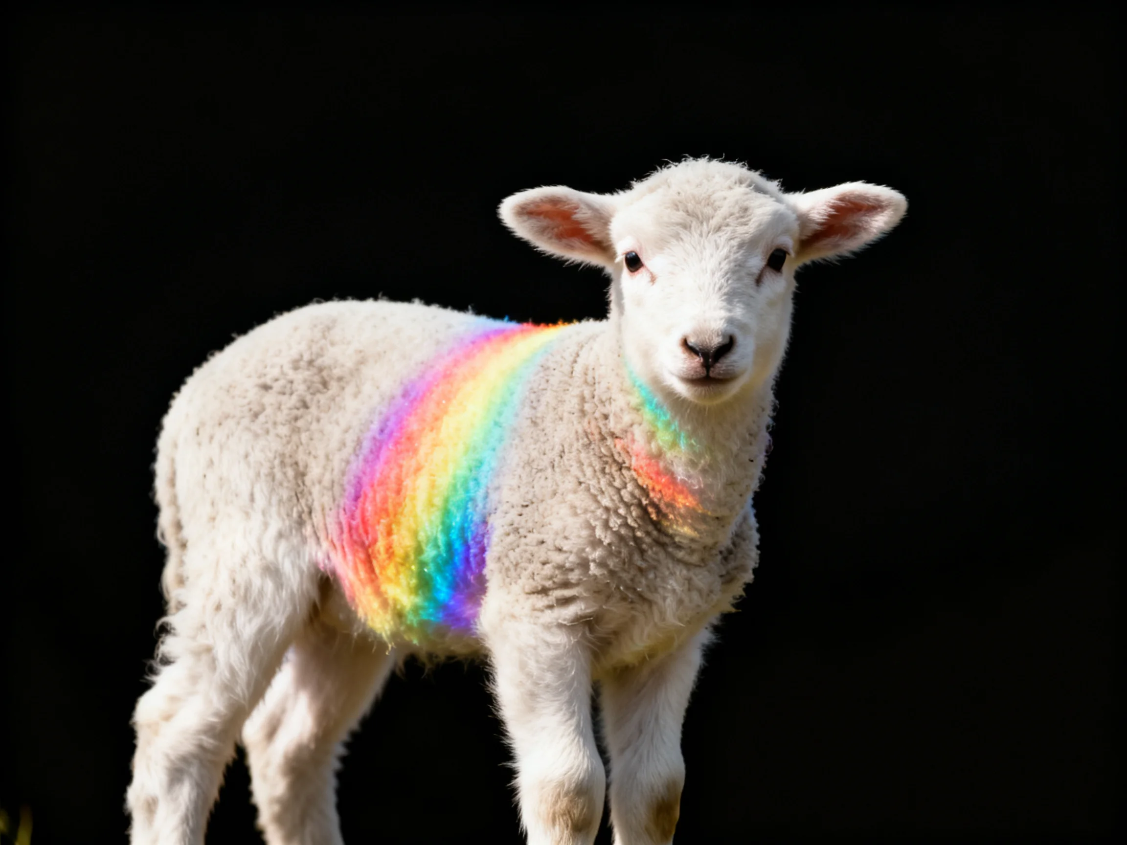 A white lamb with rainbow-streaked wool on black background