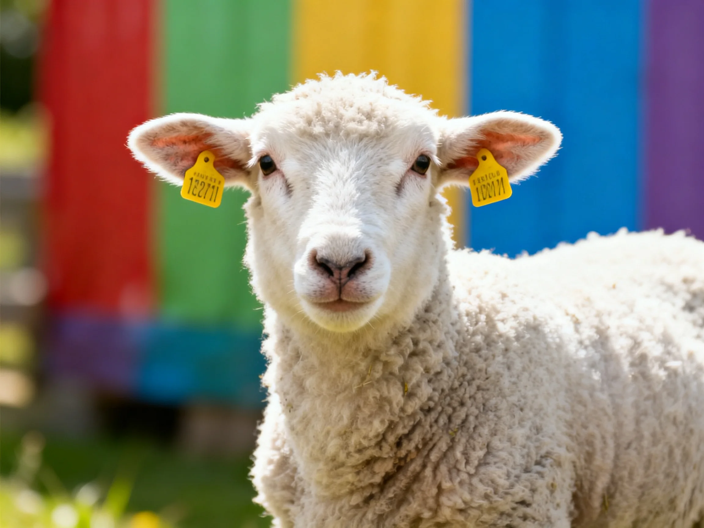 A white lamb with yellow ear tags near colorful vertical panels