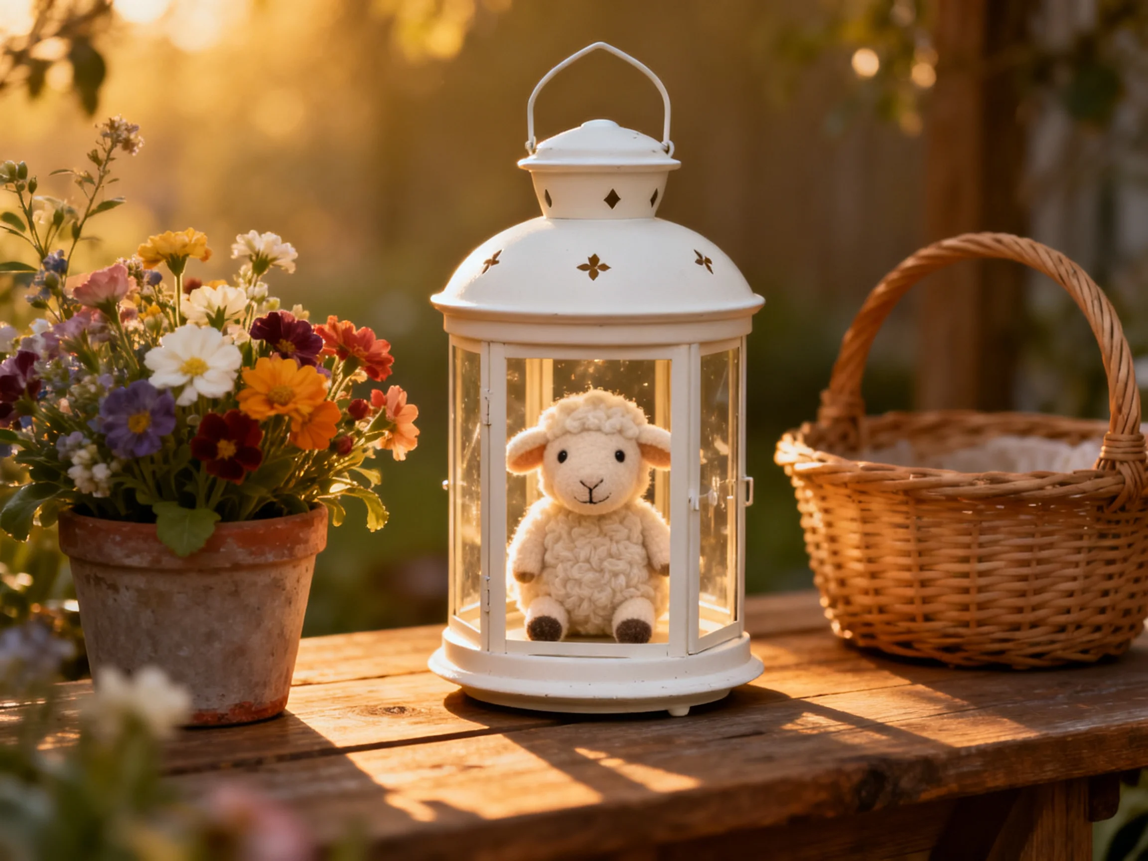 A white lantern holds a stuffed sheep near vibrant flowers and a wicker basket