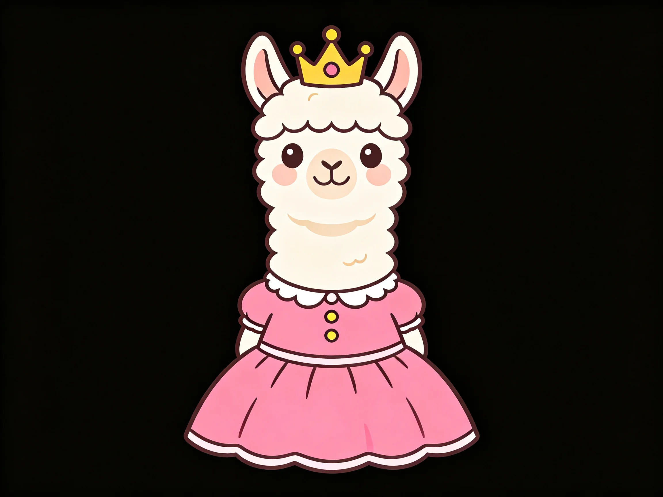 A white llama princess in a pink dress with a golden crown