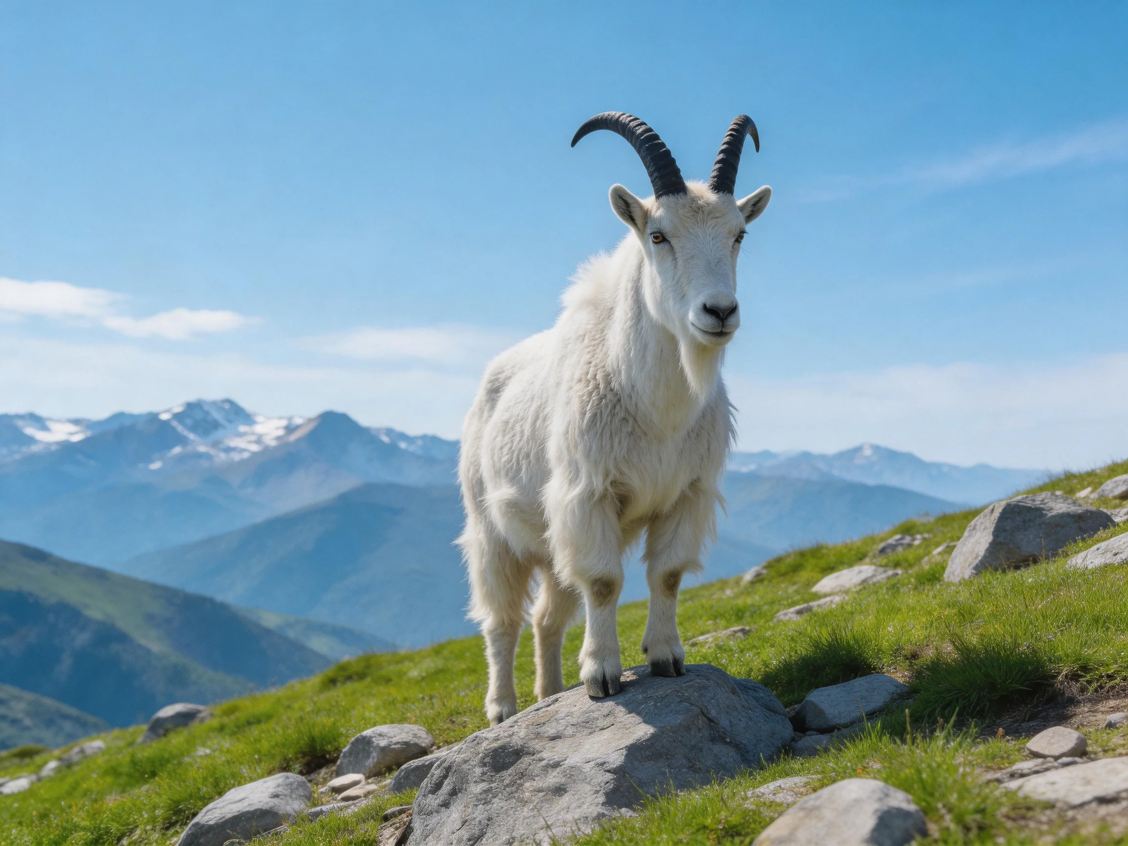 A white mountain goat stands on a rocky hillside with mountains