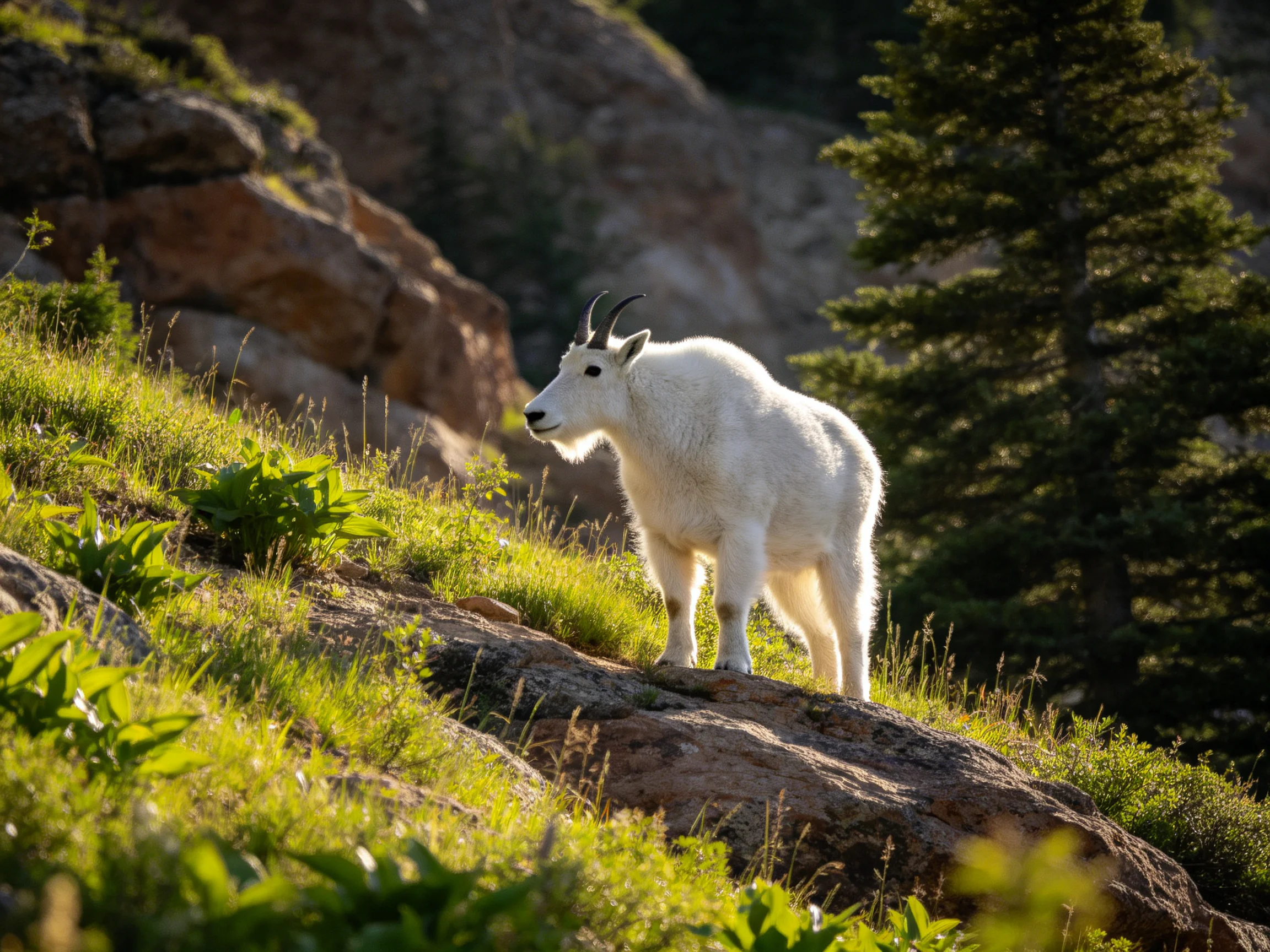 A white mountain goat stands on a sunlit rocky slope with green vegetation