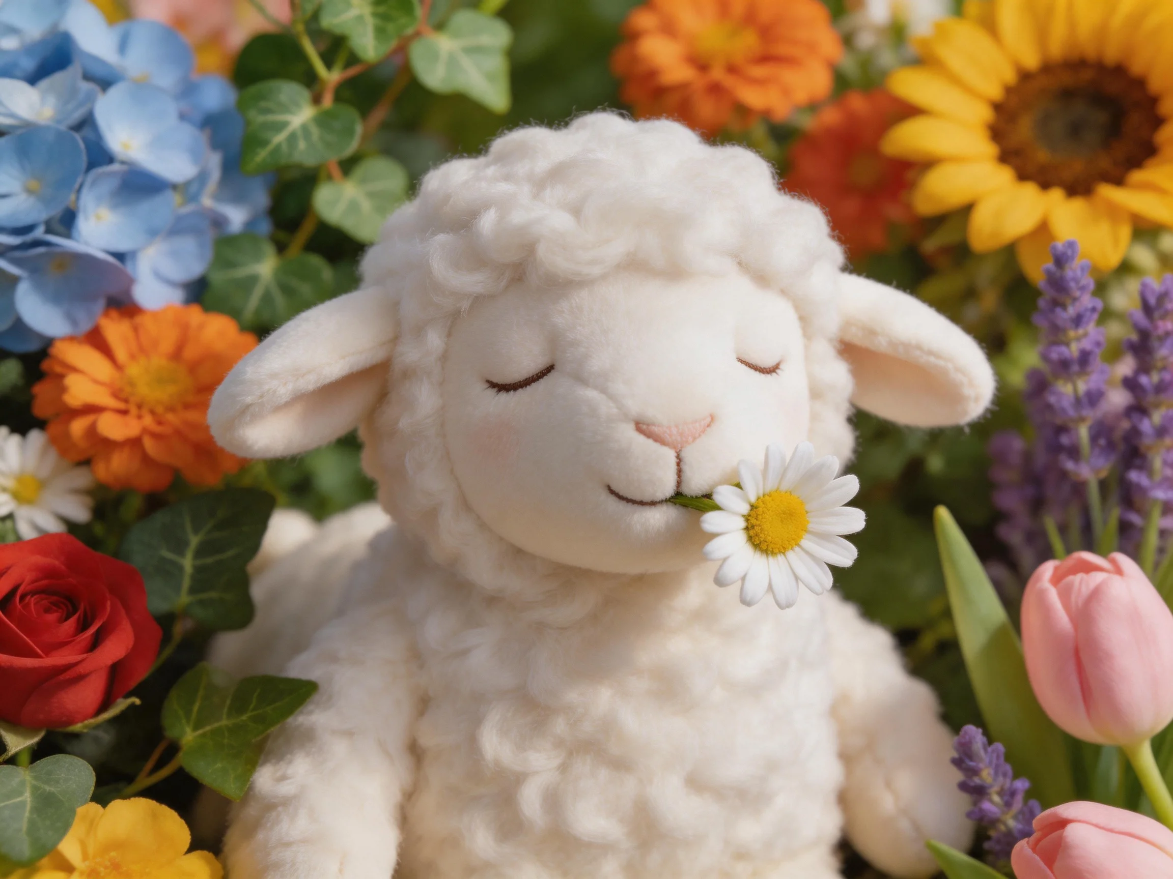 A white plush lamb surrounded by colorful mixed flowers
